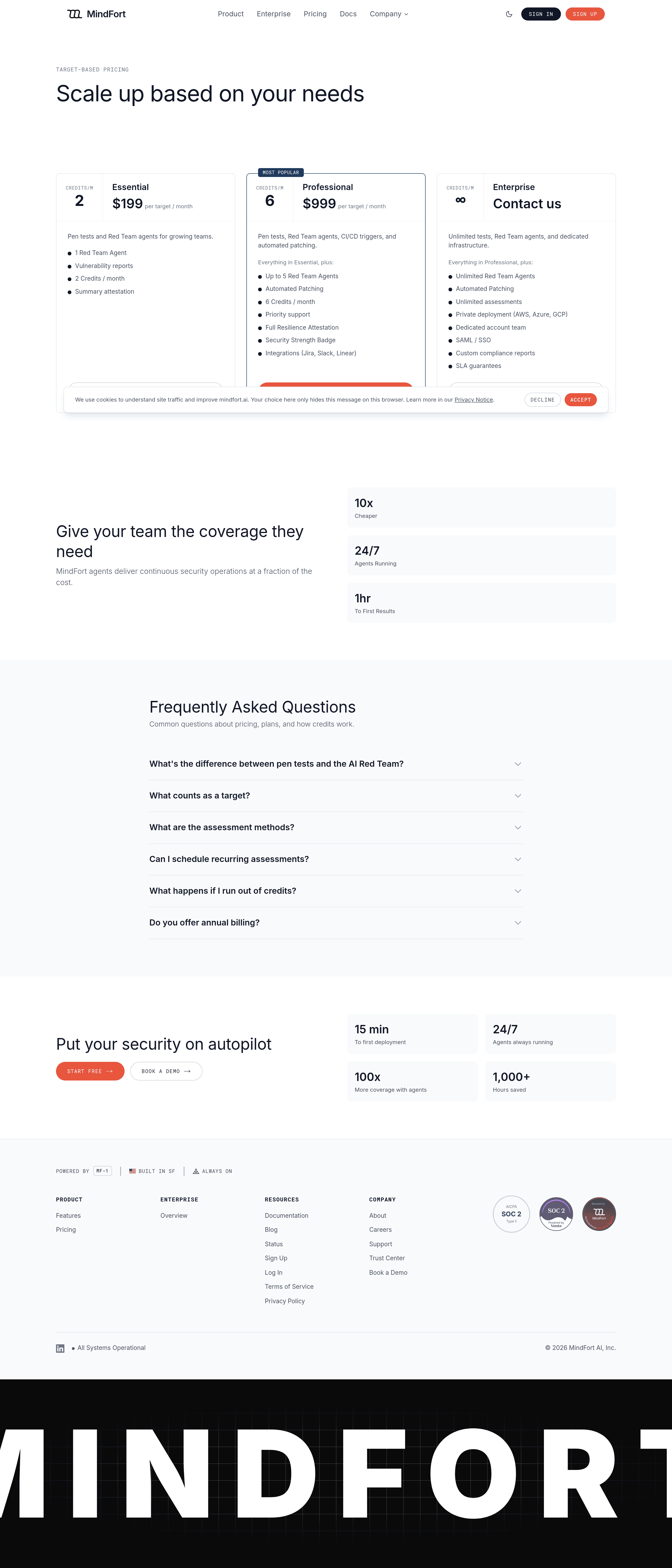 MindFort pricing page screenshot