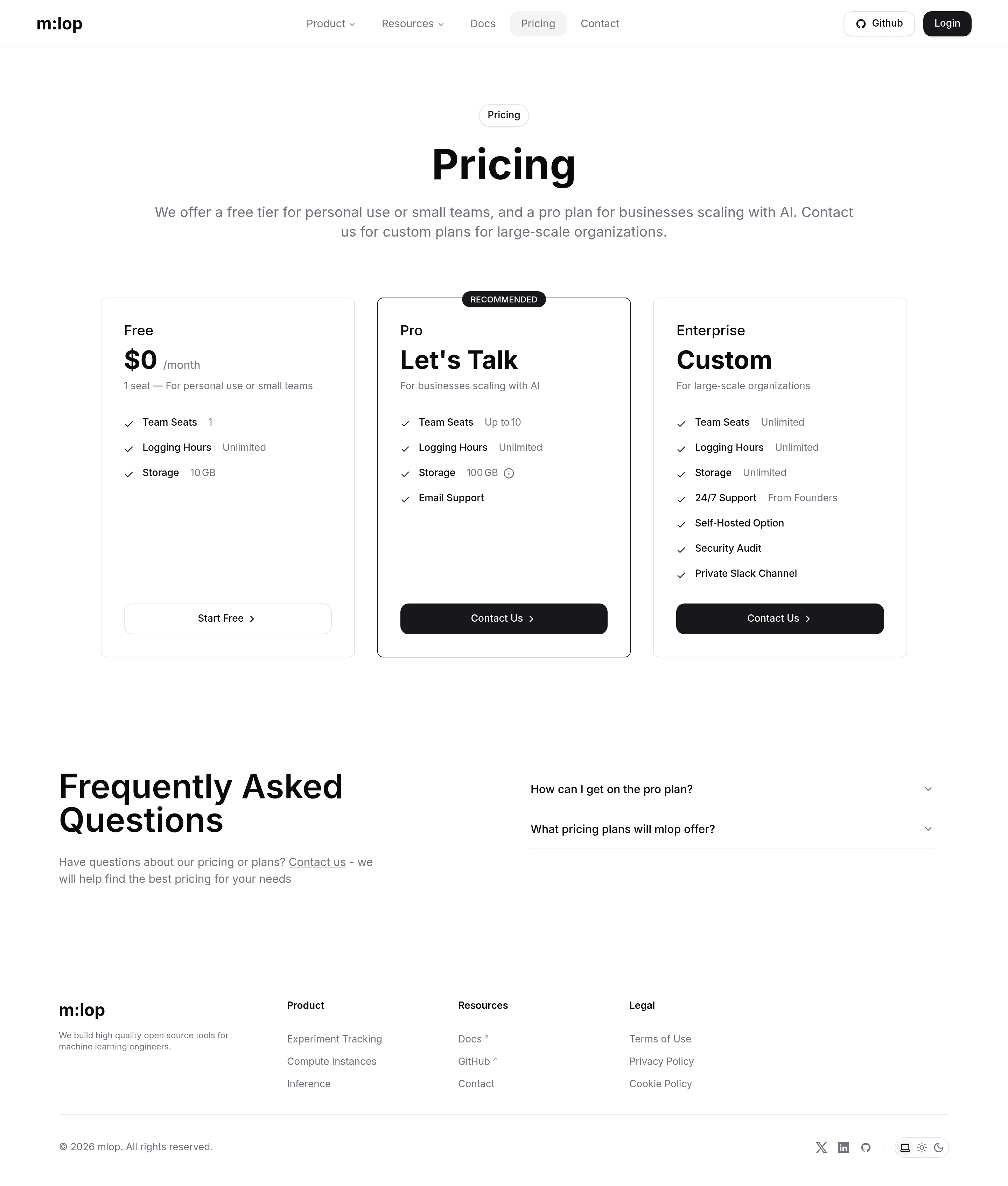 mlop pricing page screenshot