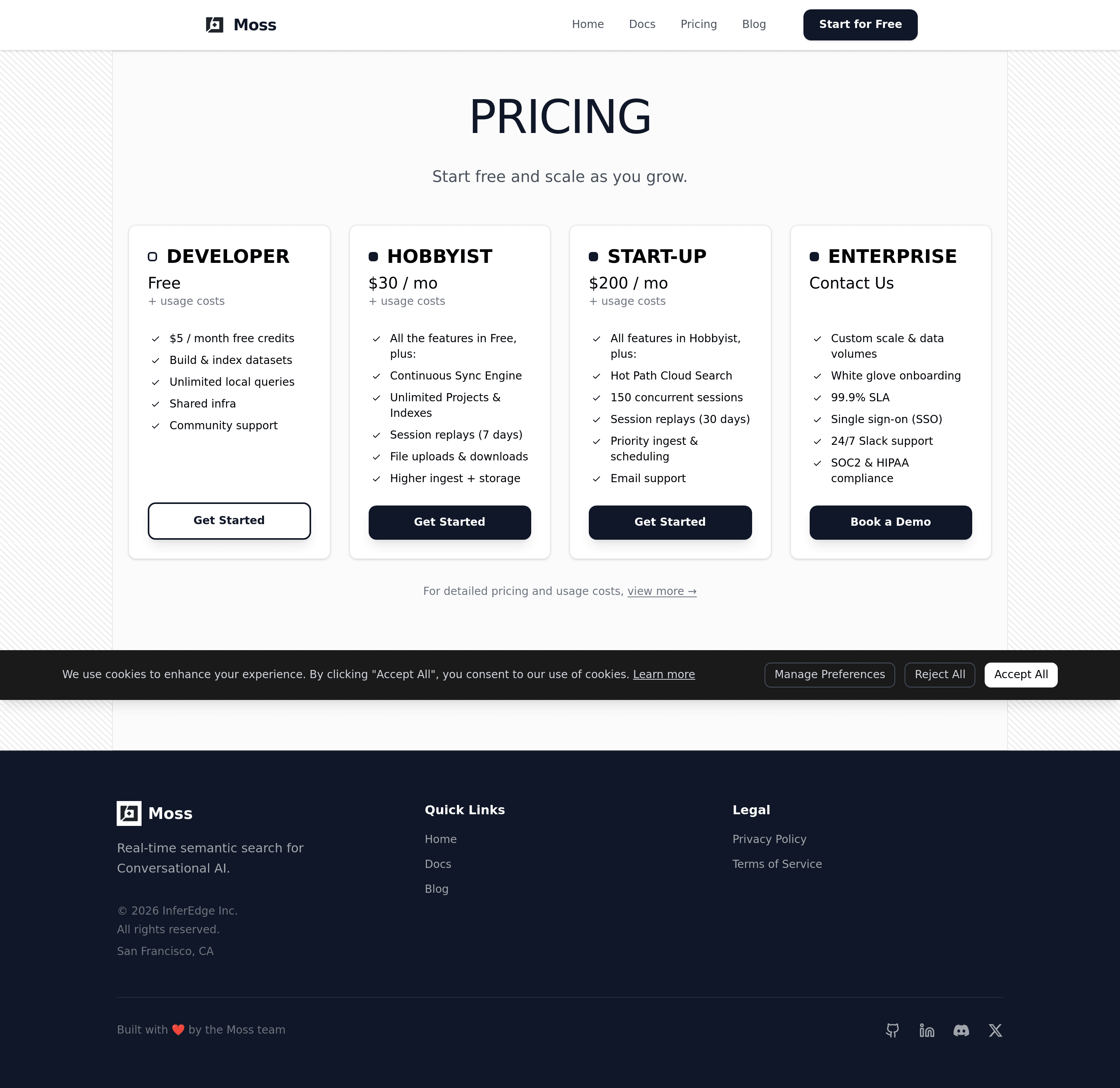 Moss pricing page screenshot