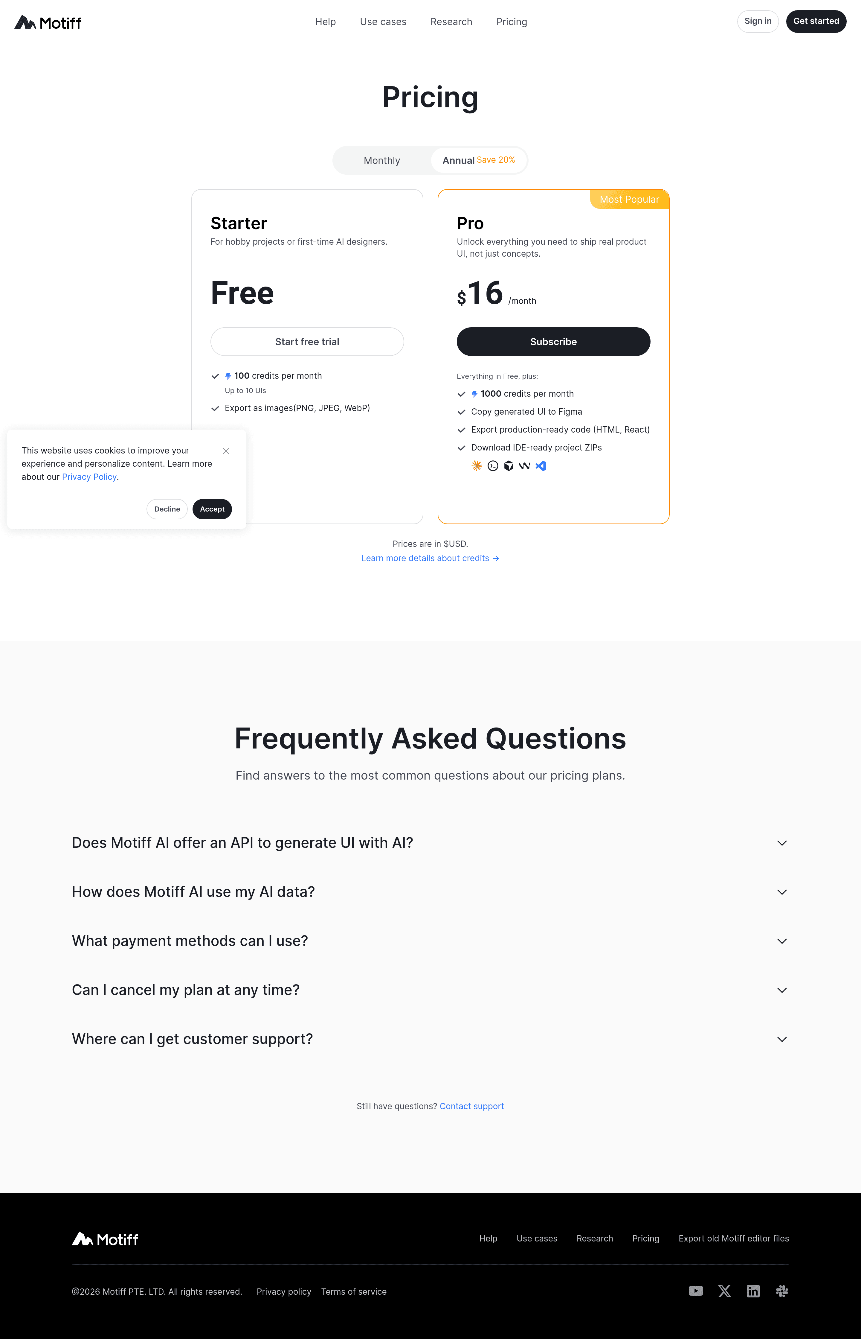 Motiff pricing page screenshot