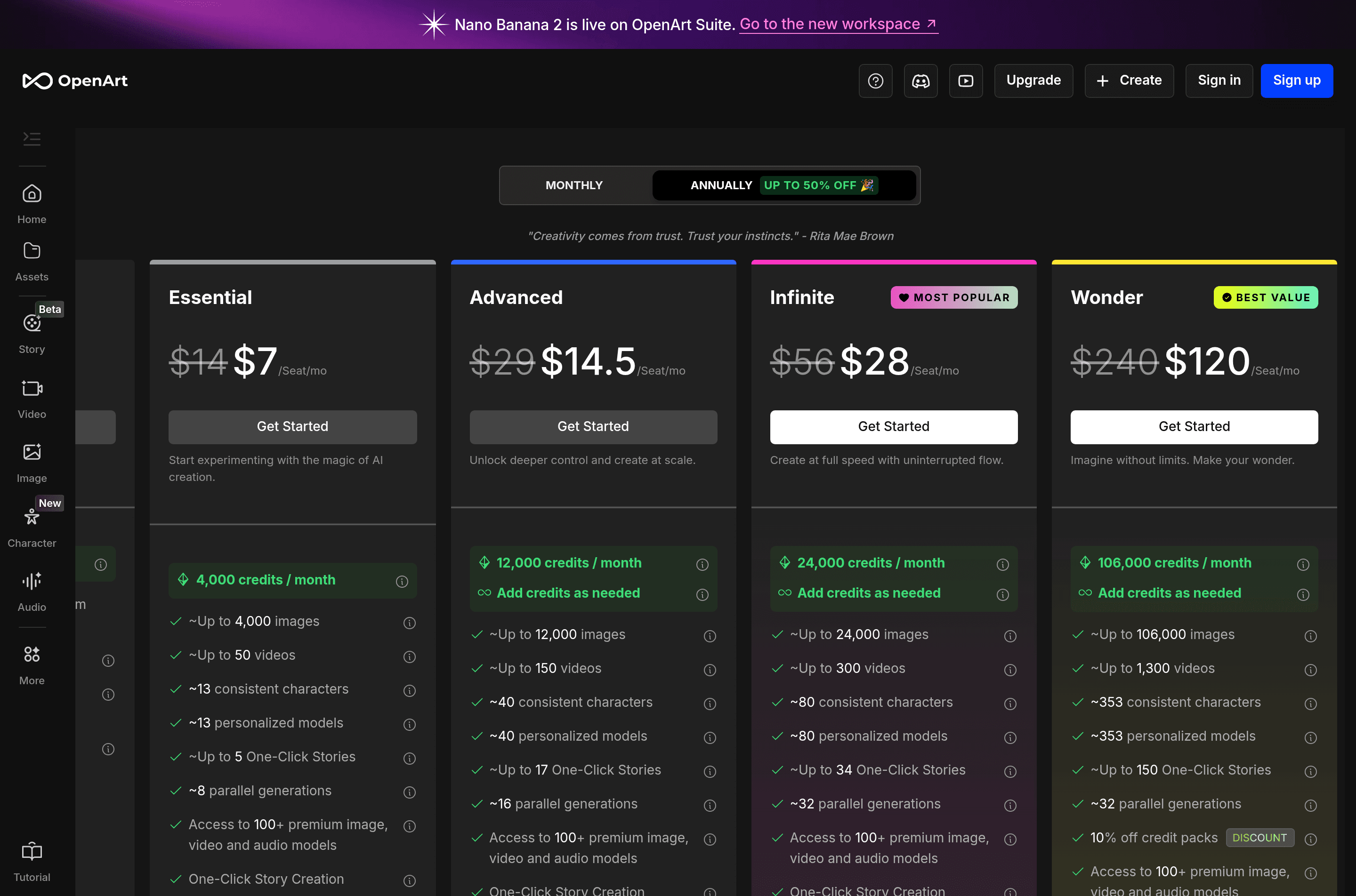 OpenArt Consistent Characters pricing page screenshot