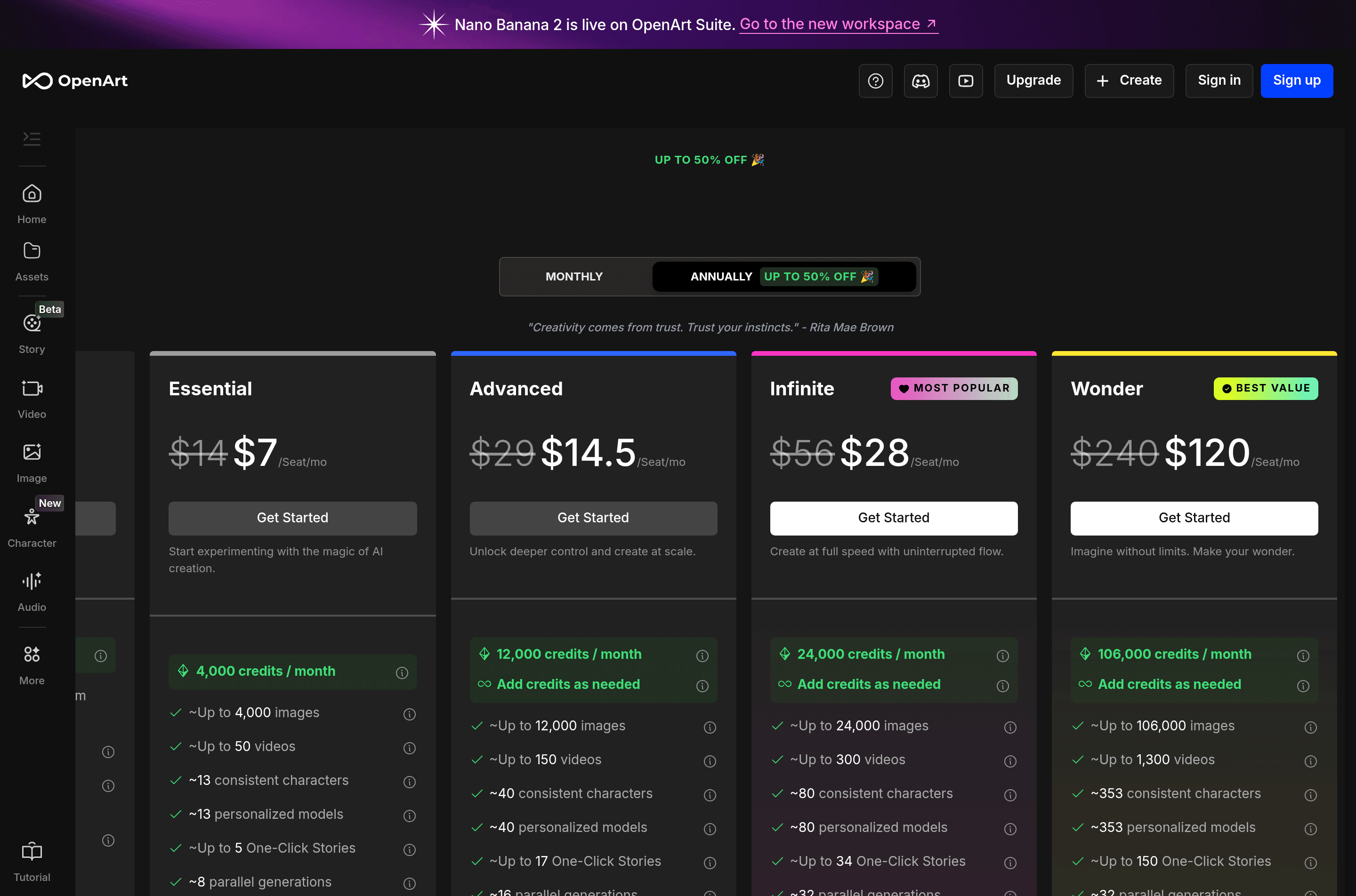 OpenArt One-Click Video Story pricing page screenshot