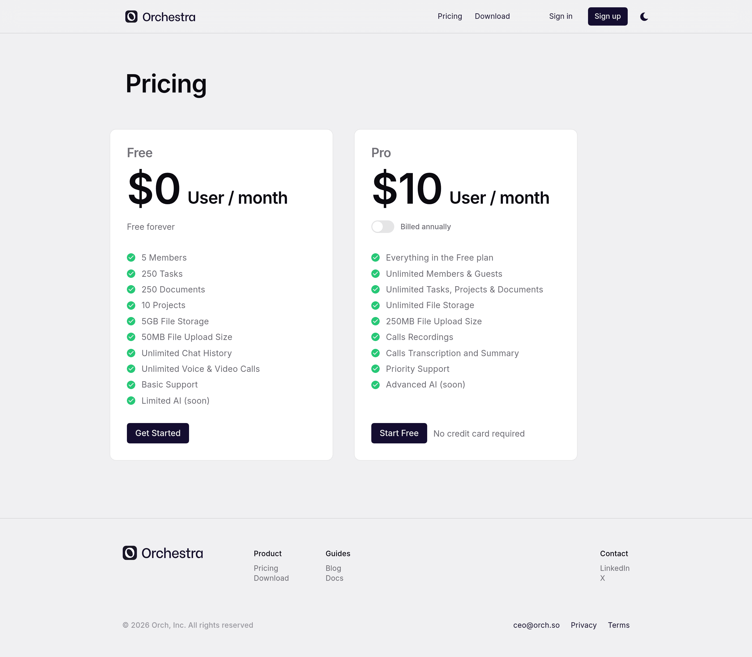 Orchestra pricing page screenshot