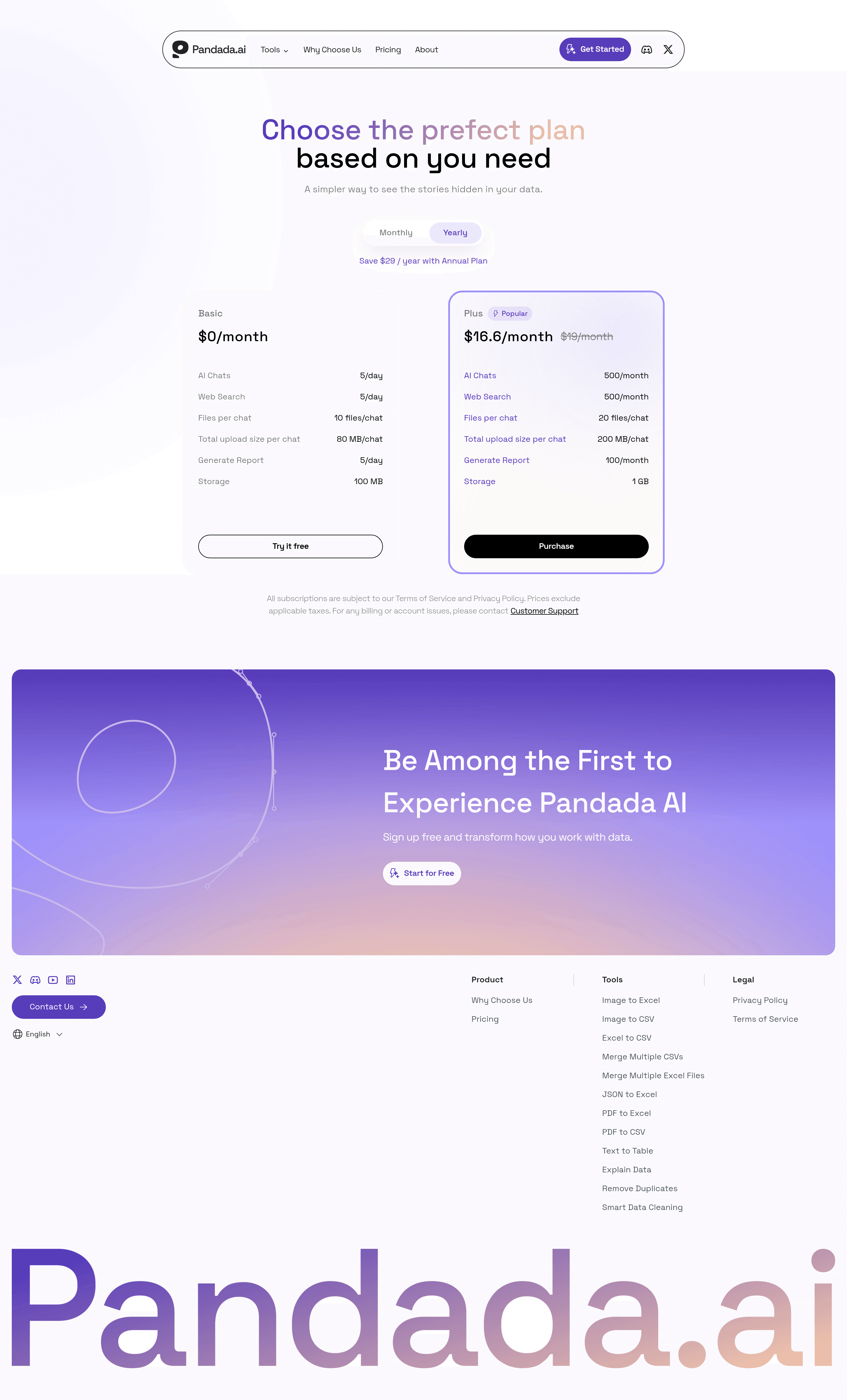 Pandada AI pricing page screenshot
