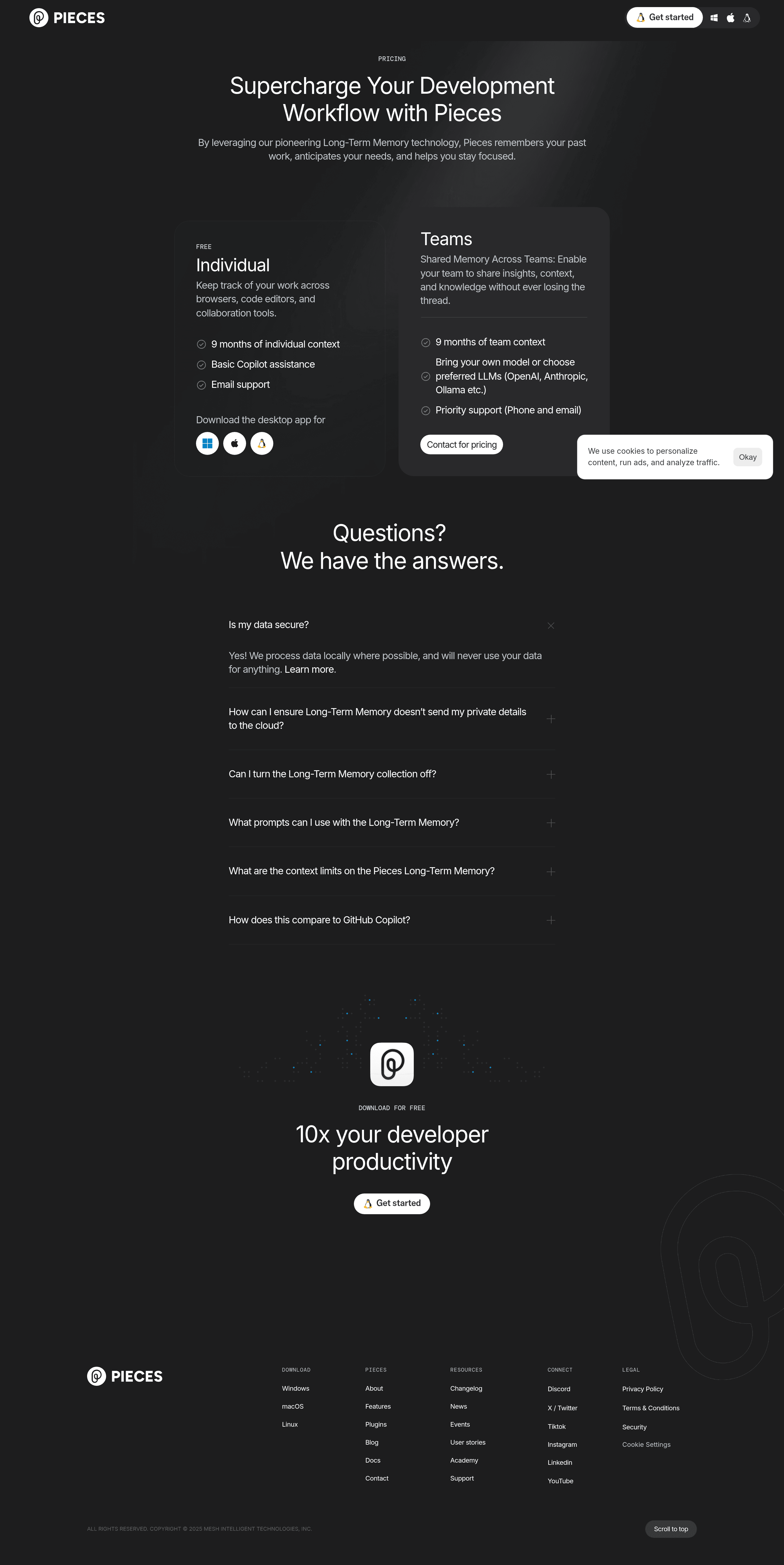 Pieces Copilot+ pricing page screenshot