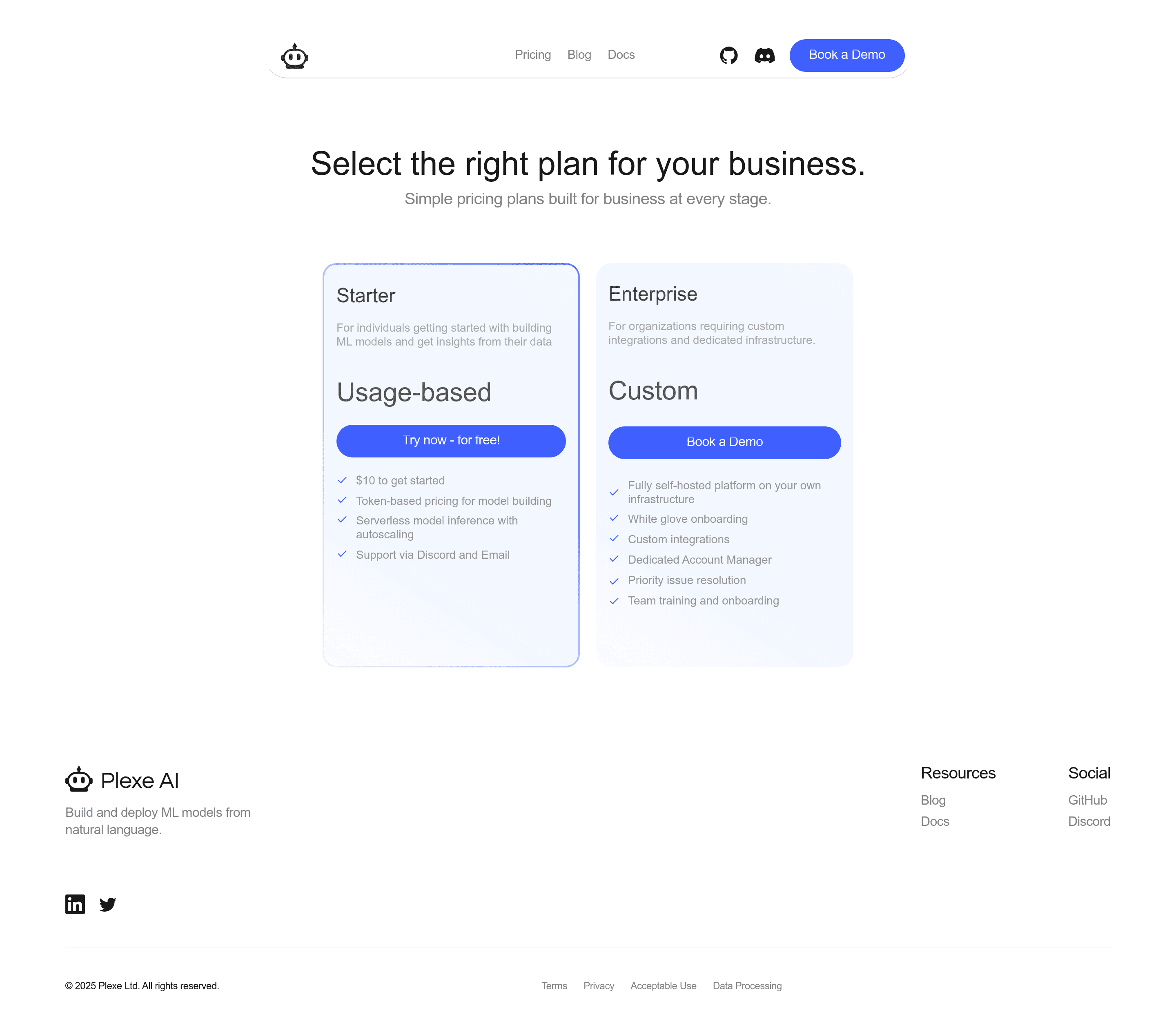 Plexe pricing page screenshot