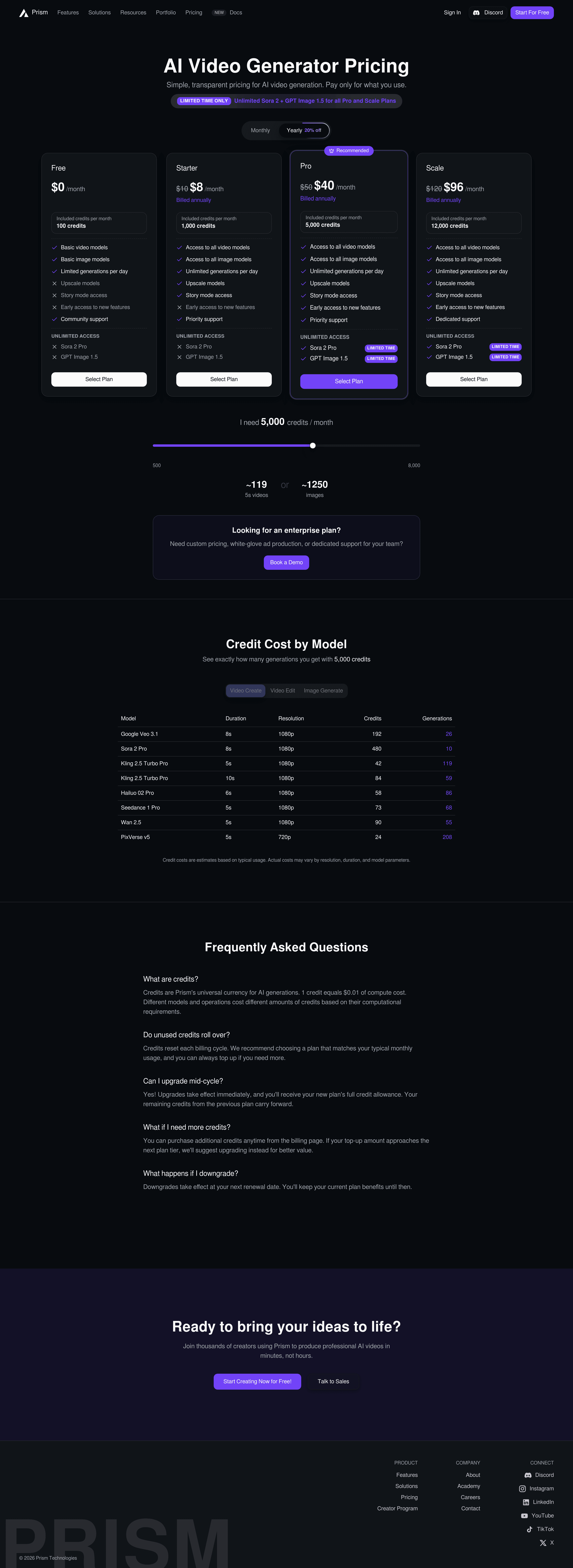 Prism pricing page screenshot
