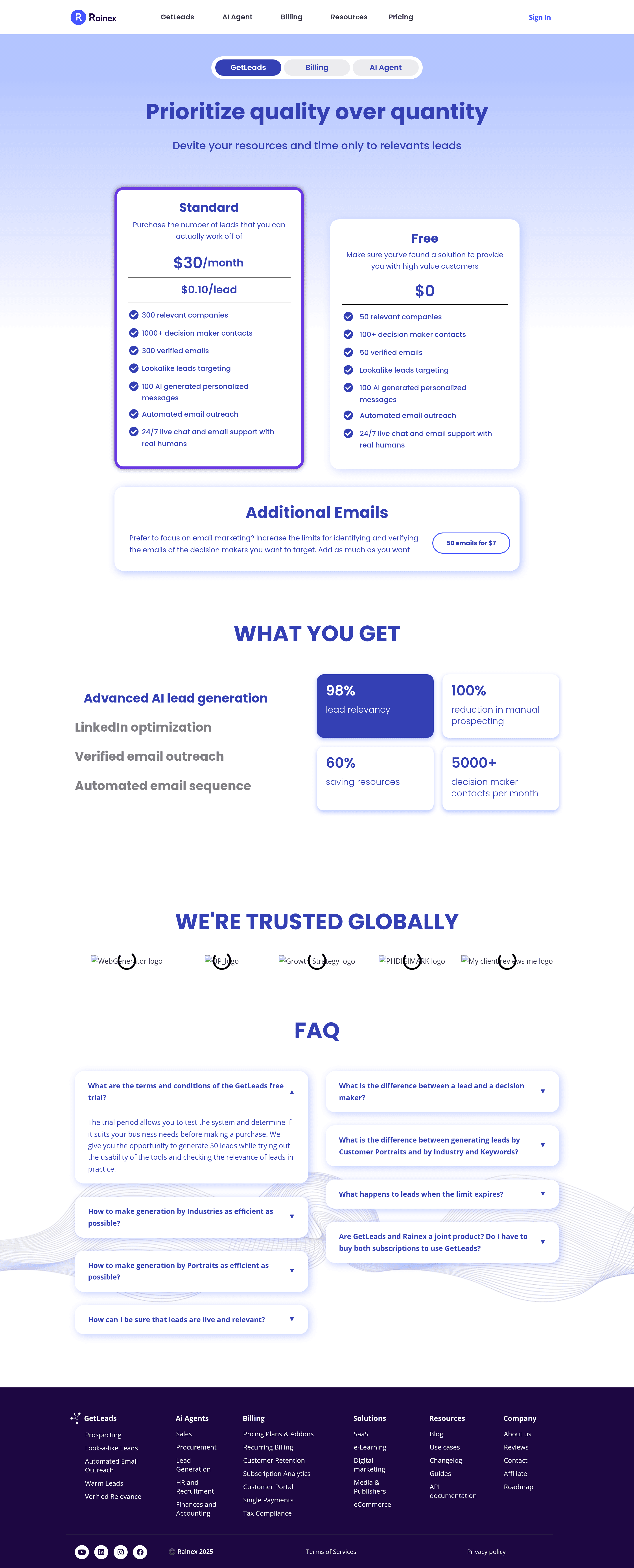 Rainex pricing page screenshot
