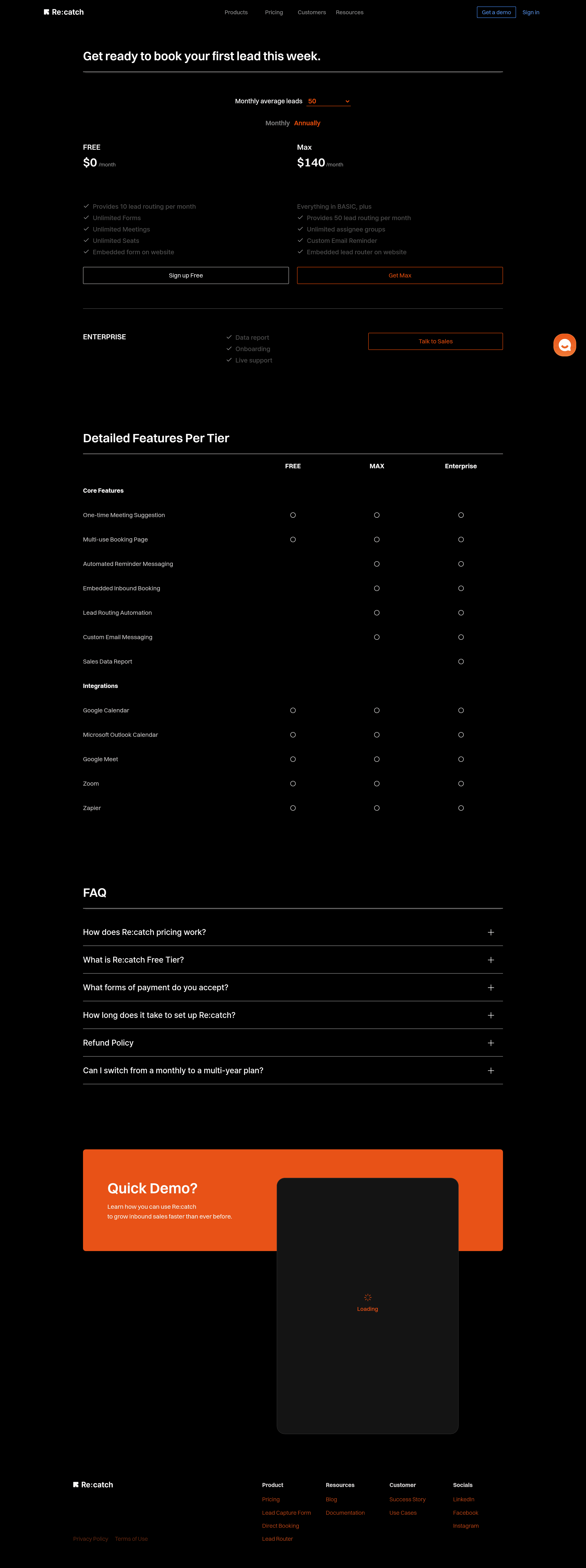Re:catch pricing page screenshot