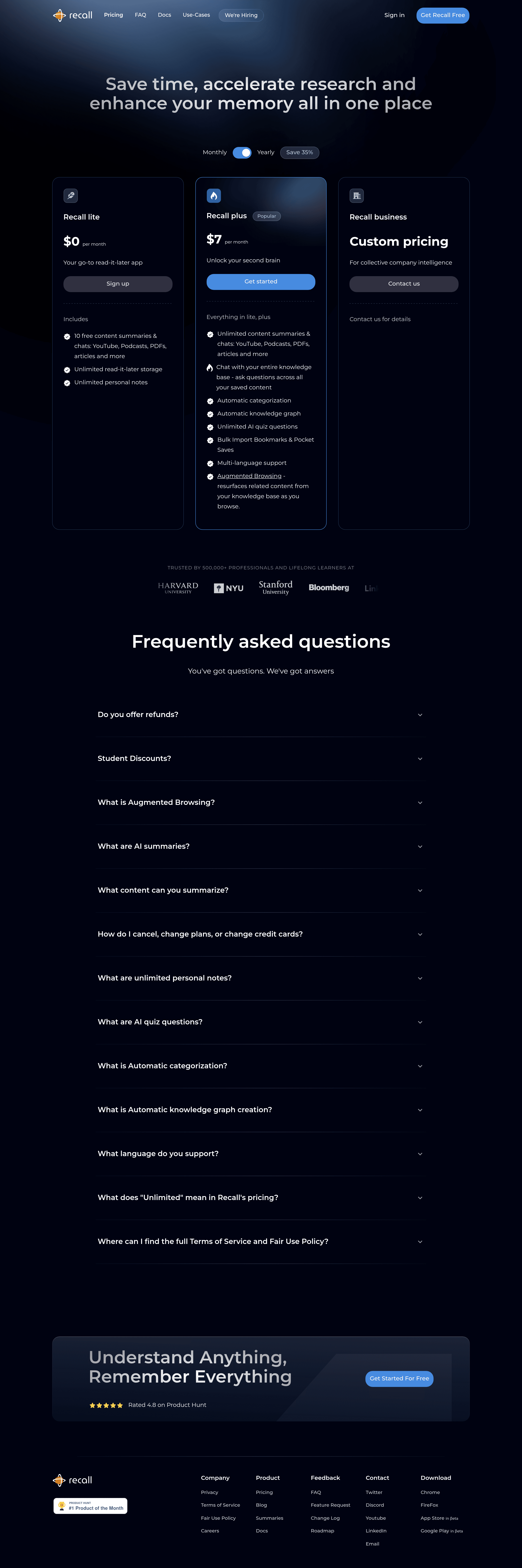 Recall Augmented Browsing pricing page screenshot