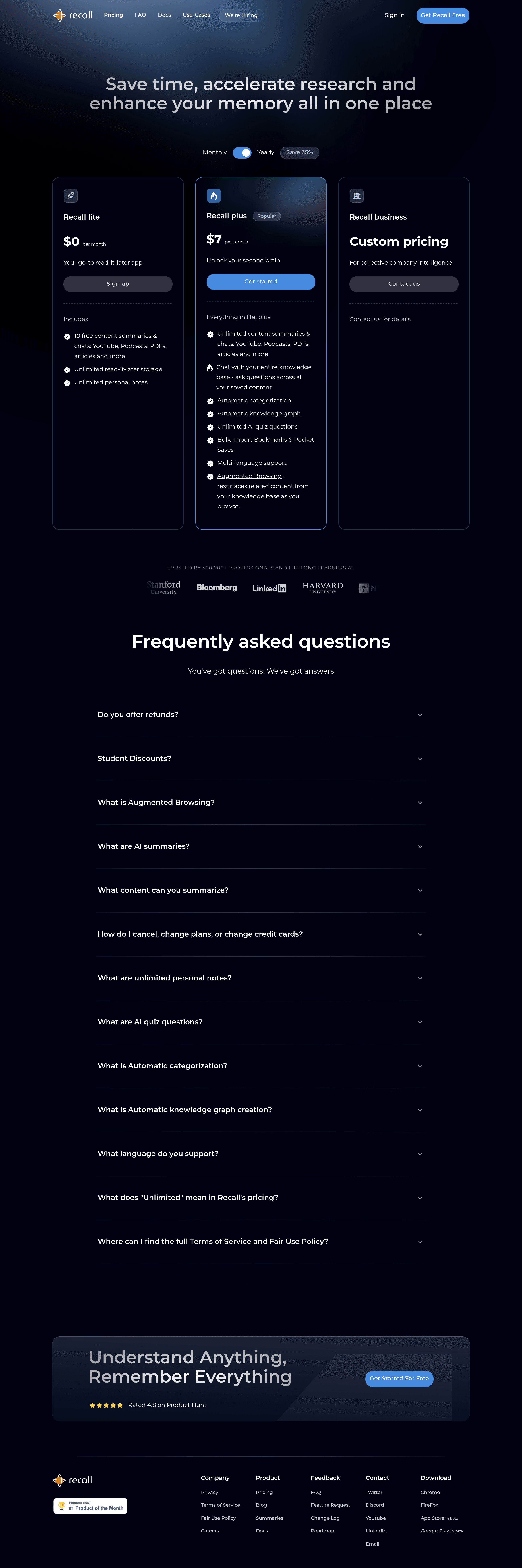 Recall pricing page screenshot