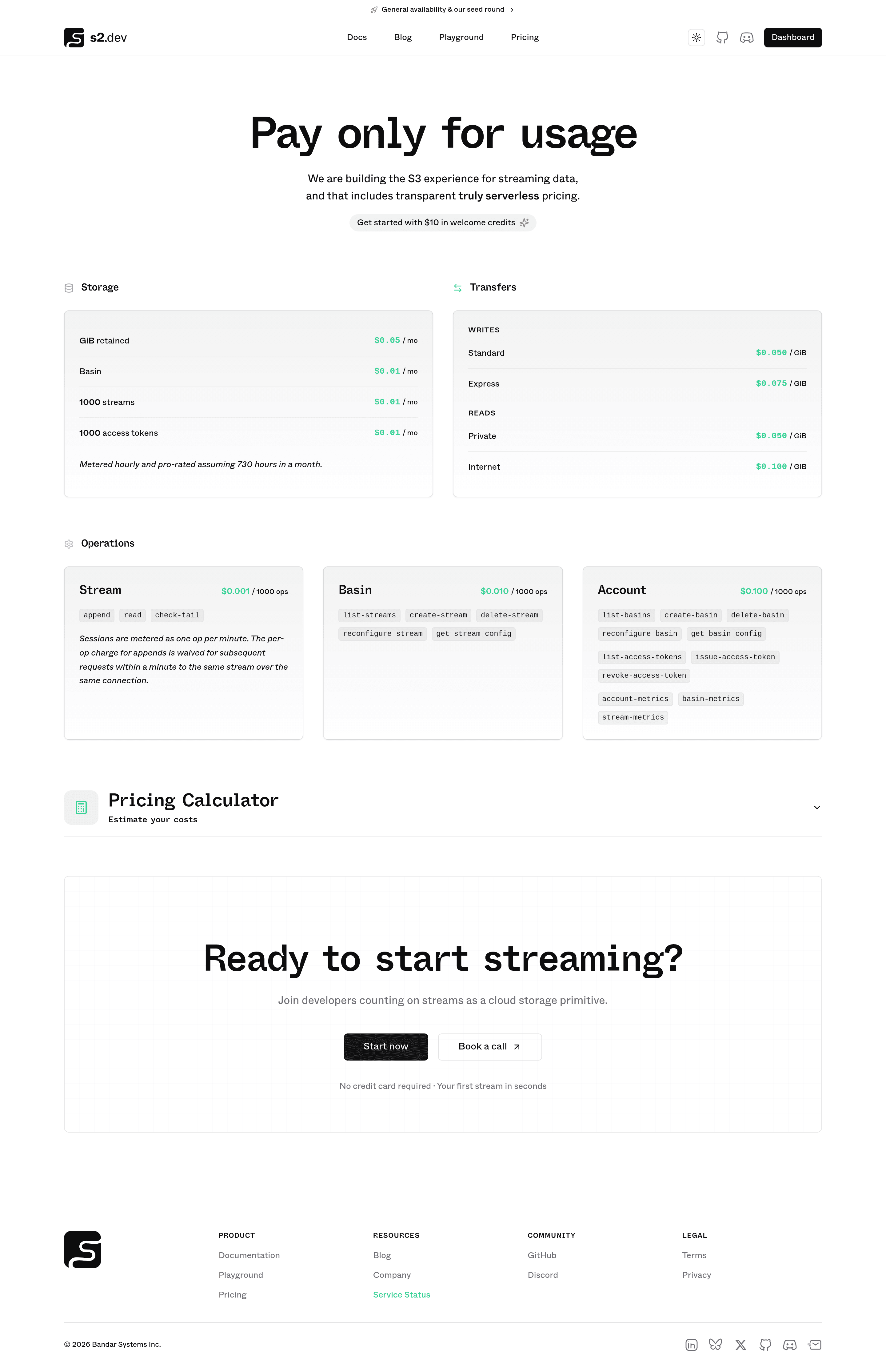 s2.dev pricing page screenshot