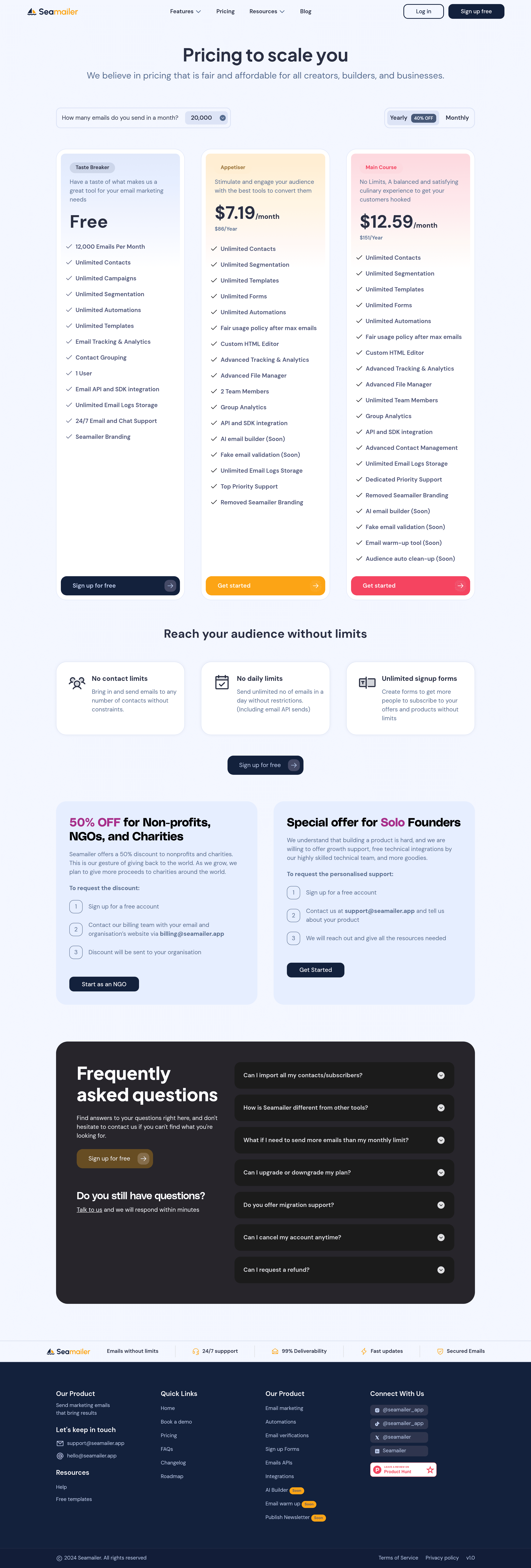 Seamailer pricing page screenshot
