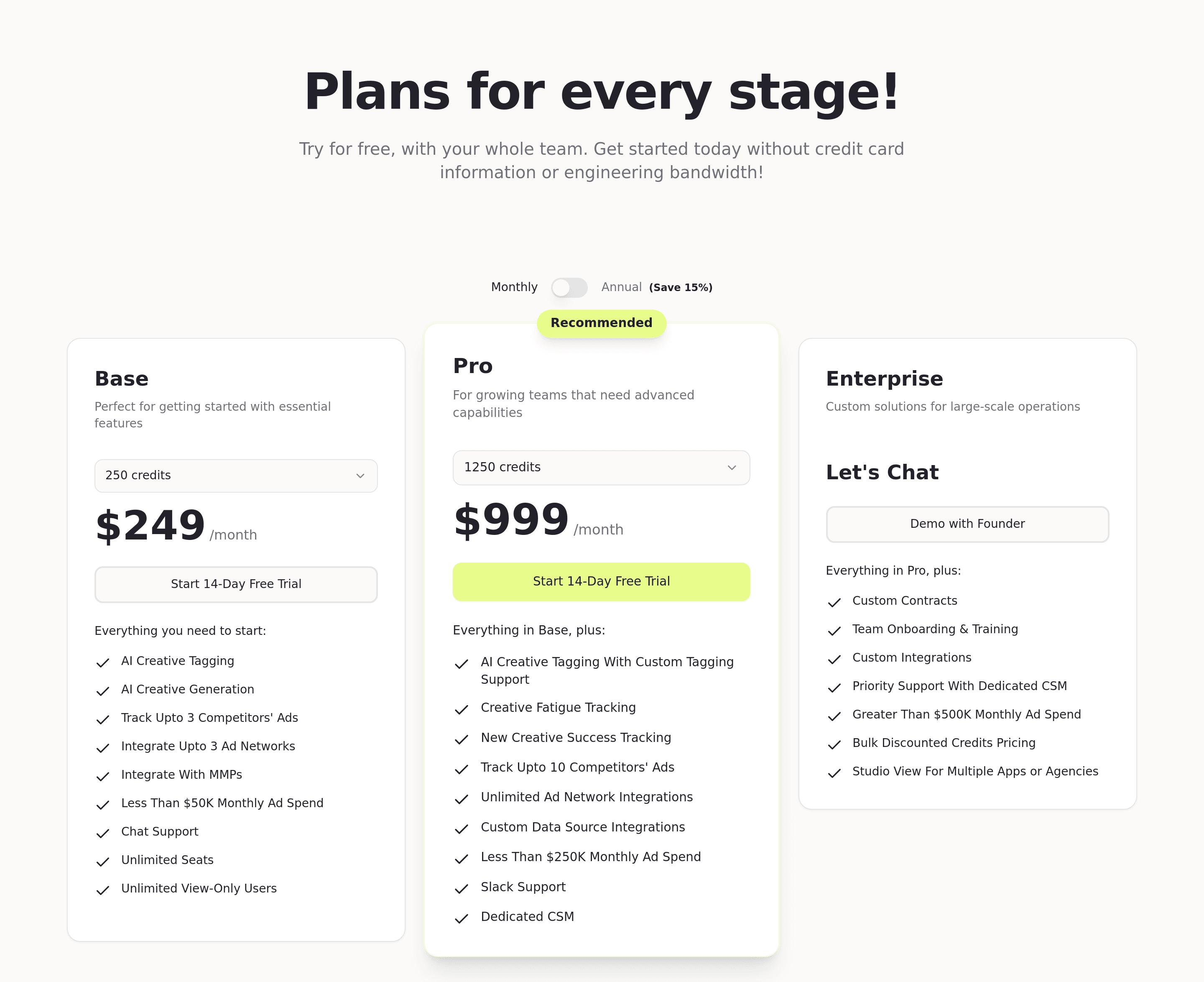 Segwise pricing page screenshot