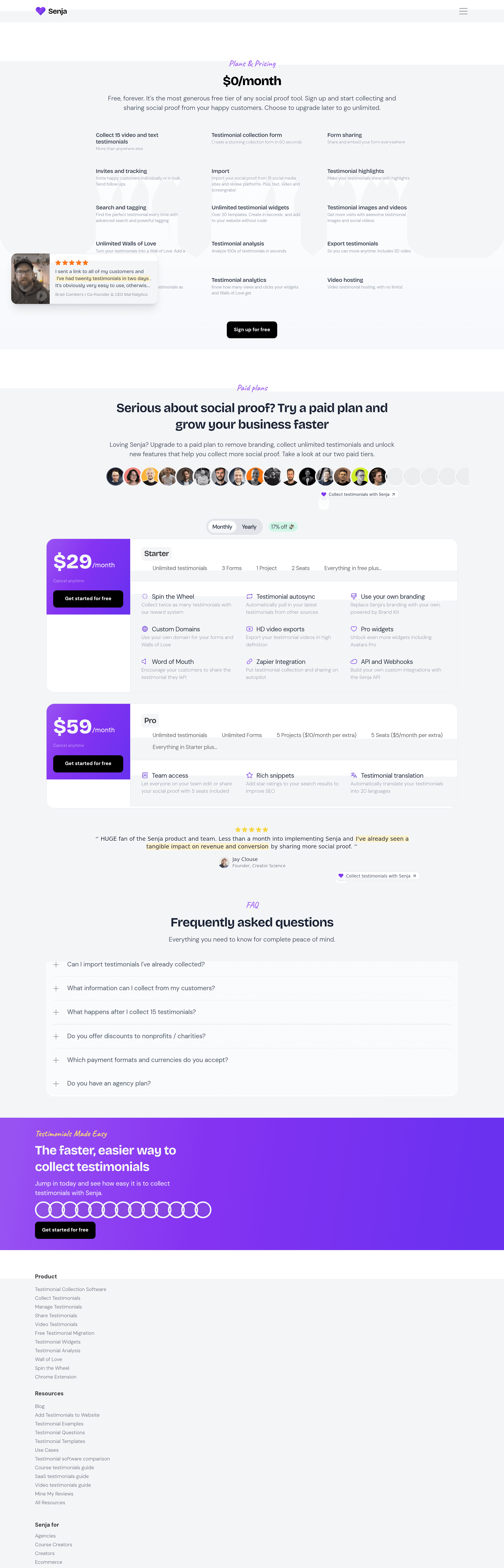 Senja pricing page screenshot
