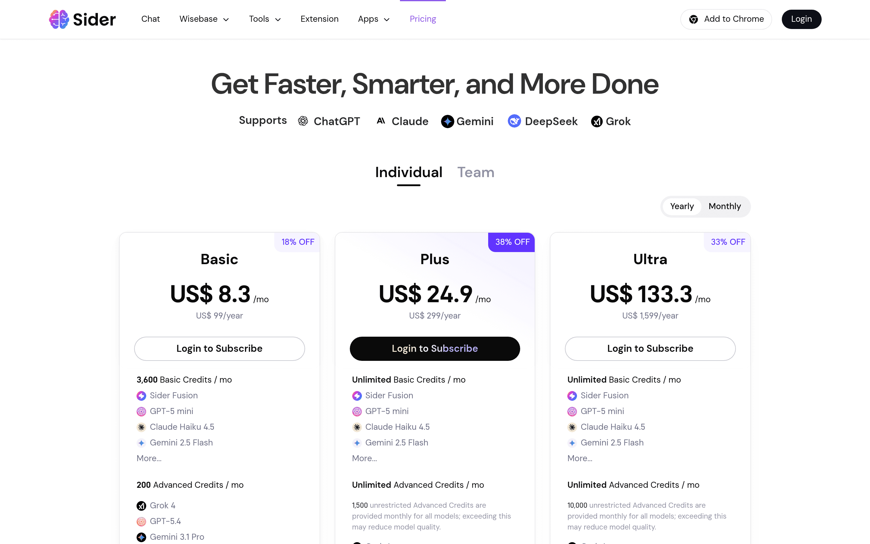 Sider 5.0: Deep Research with Wisebase pricing page screenshot