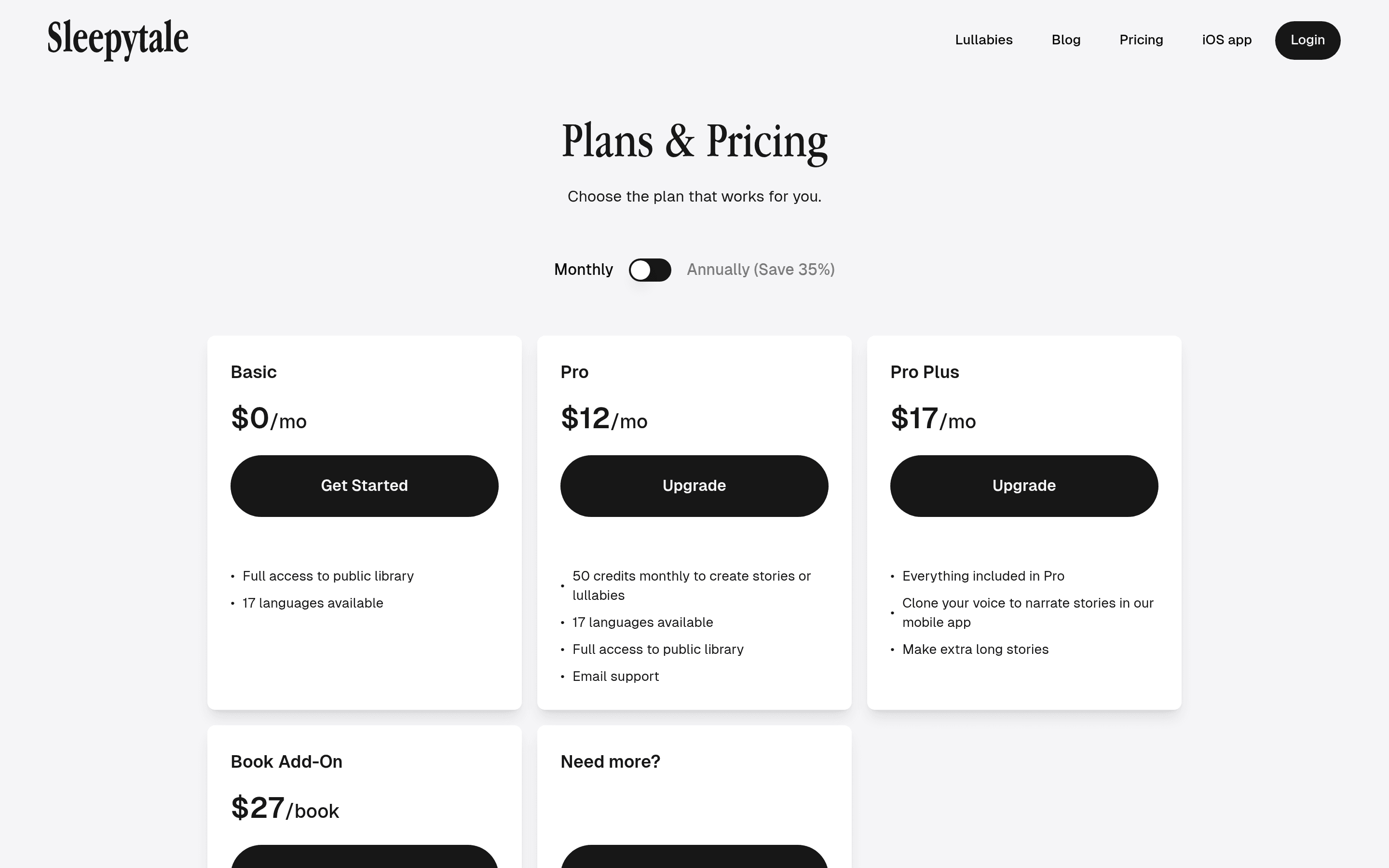 Sleepytales pricing page screenshot