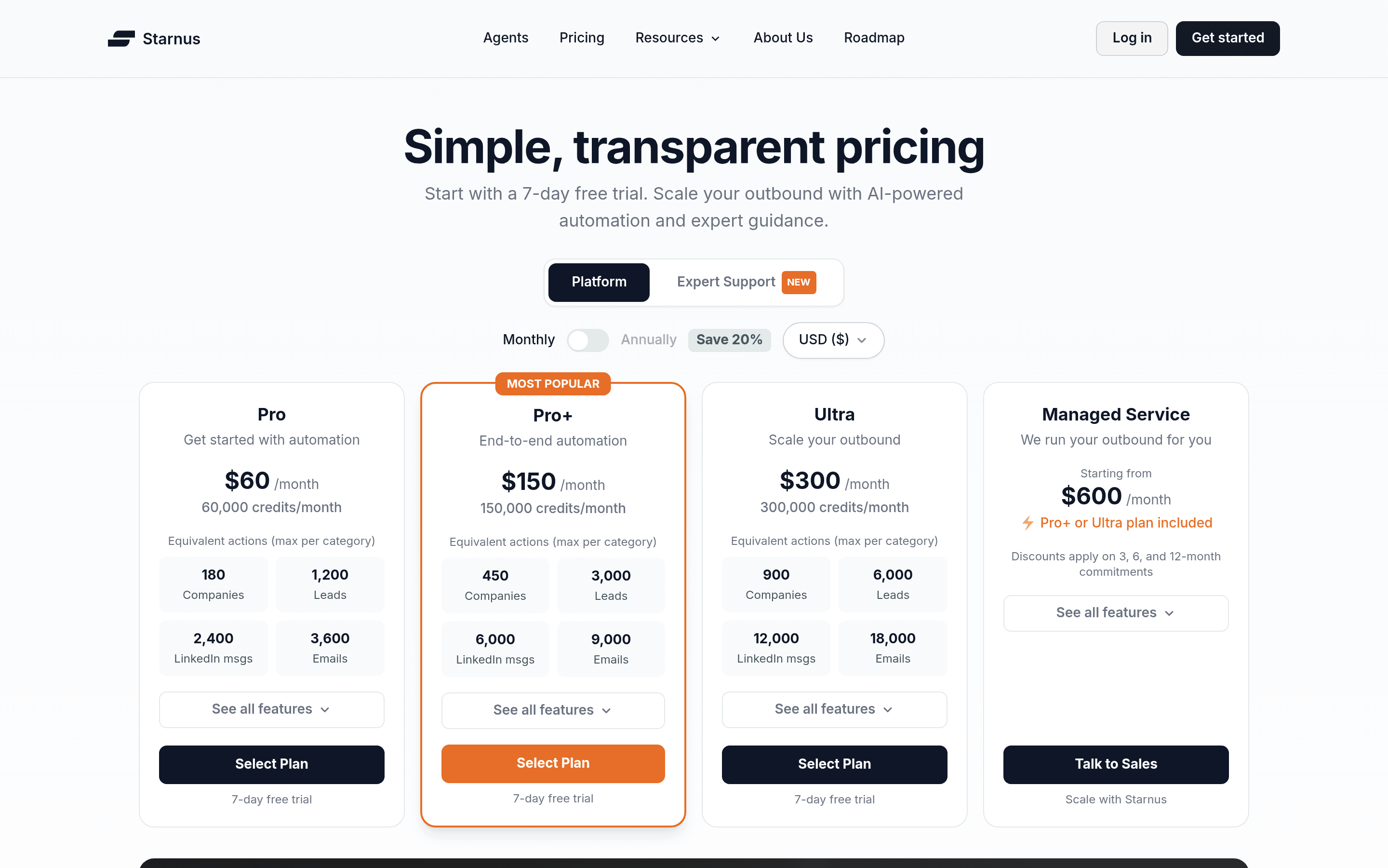 Starnus pricing page screenshot
