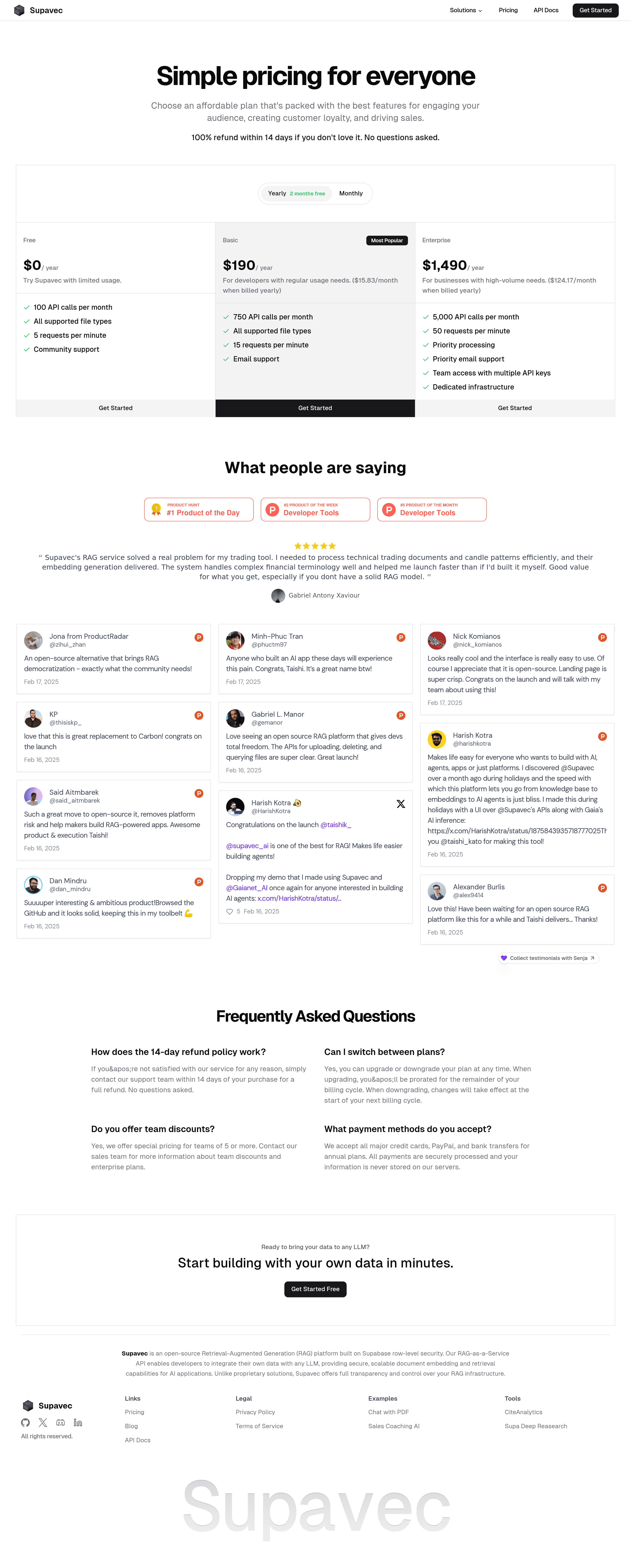 Supavec pricing page screenshot