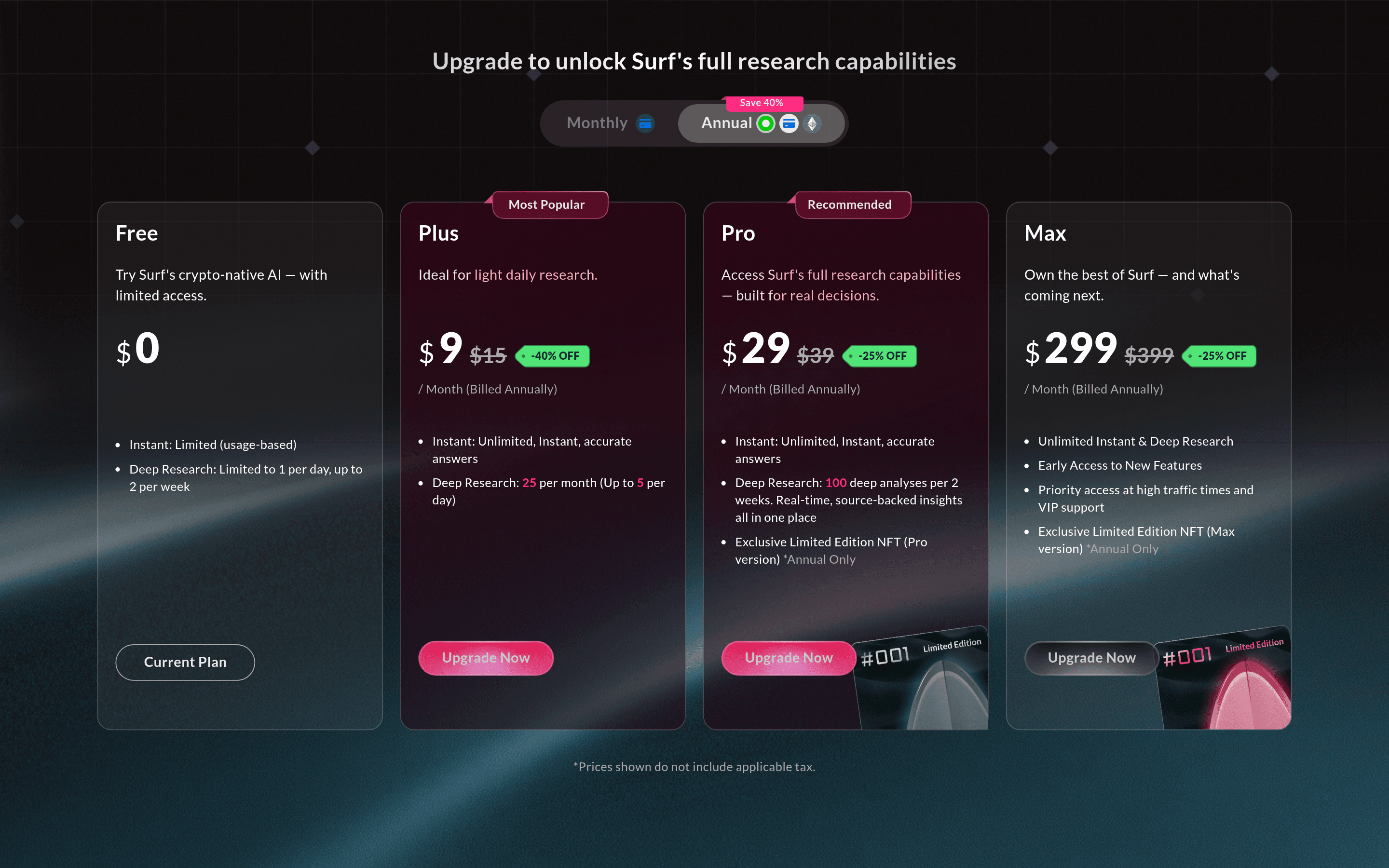 Surf pricing page screenshot