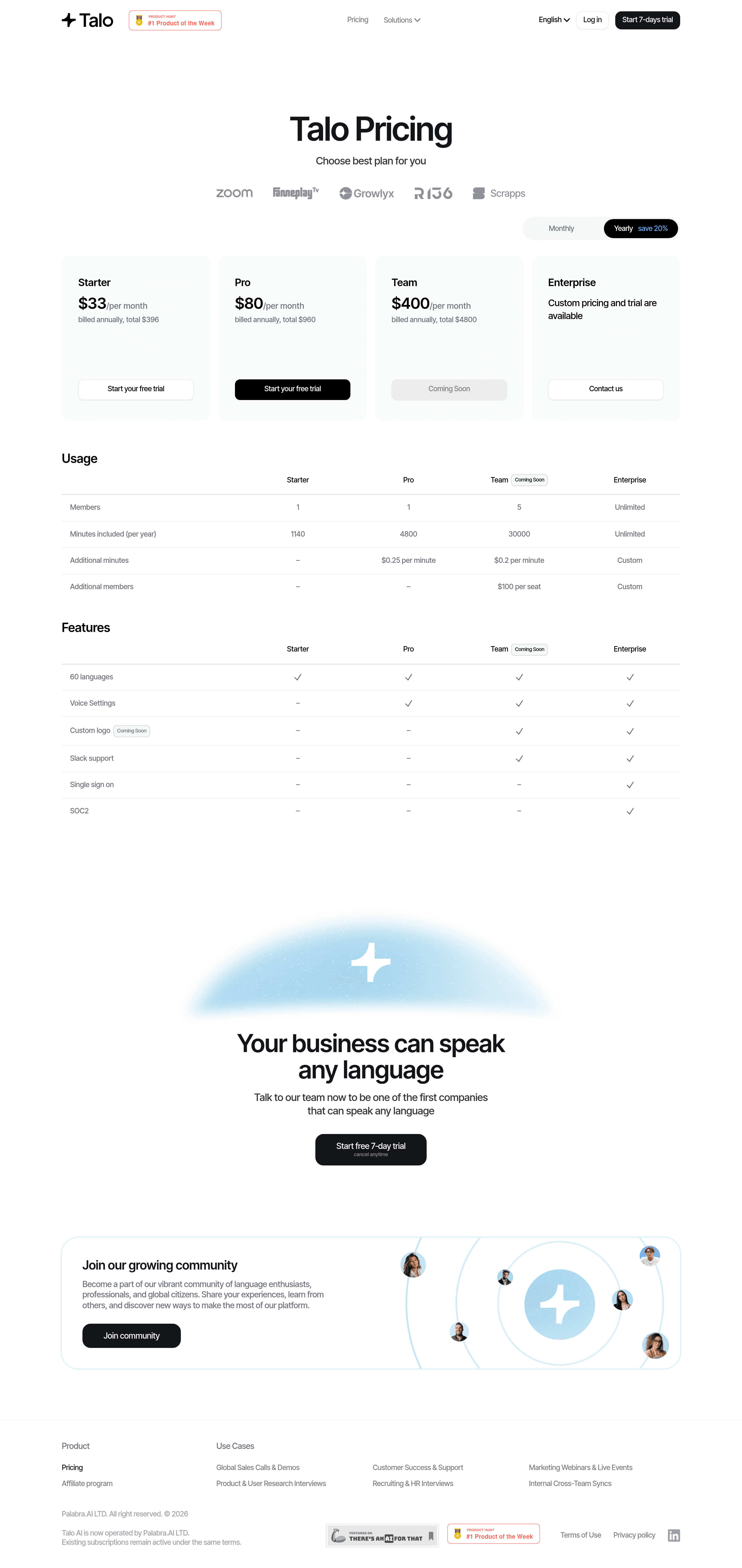 Talo pricing page screenshot