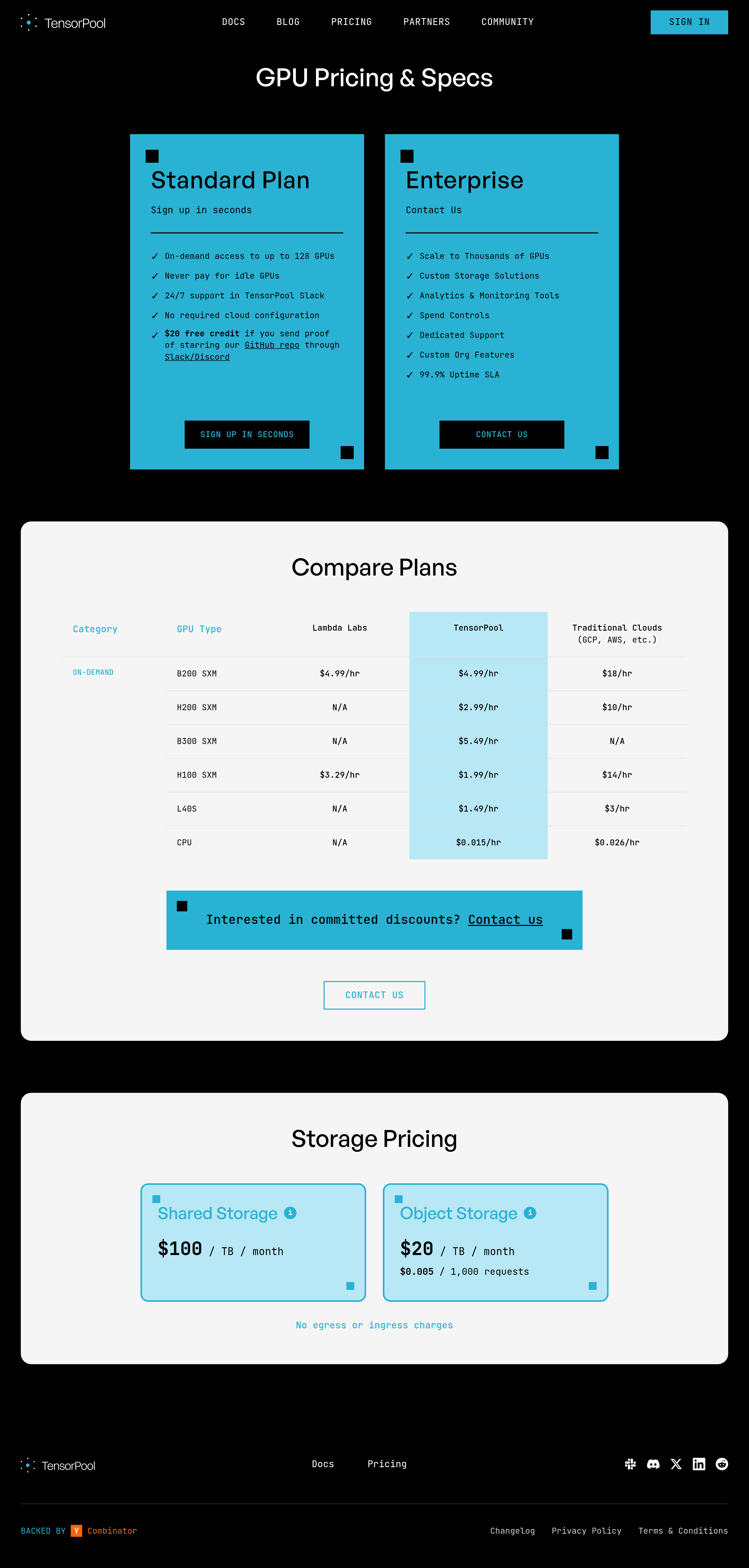 TensorPool pricing page screenshot