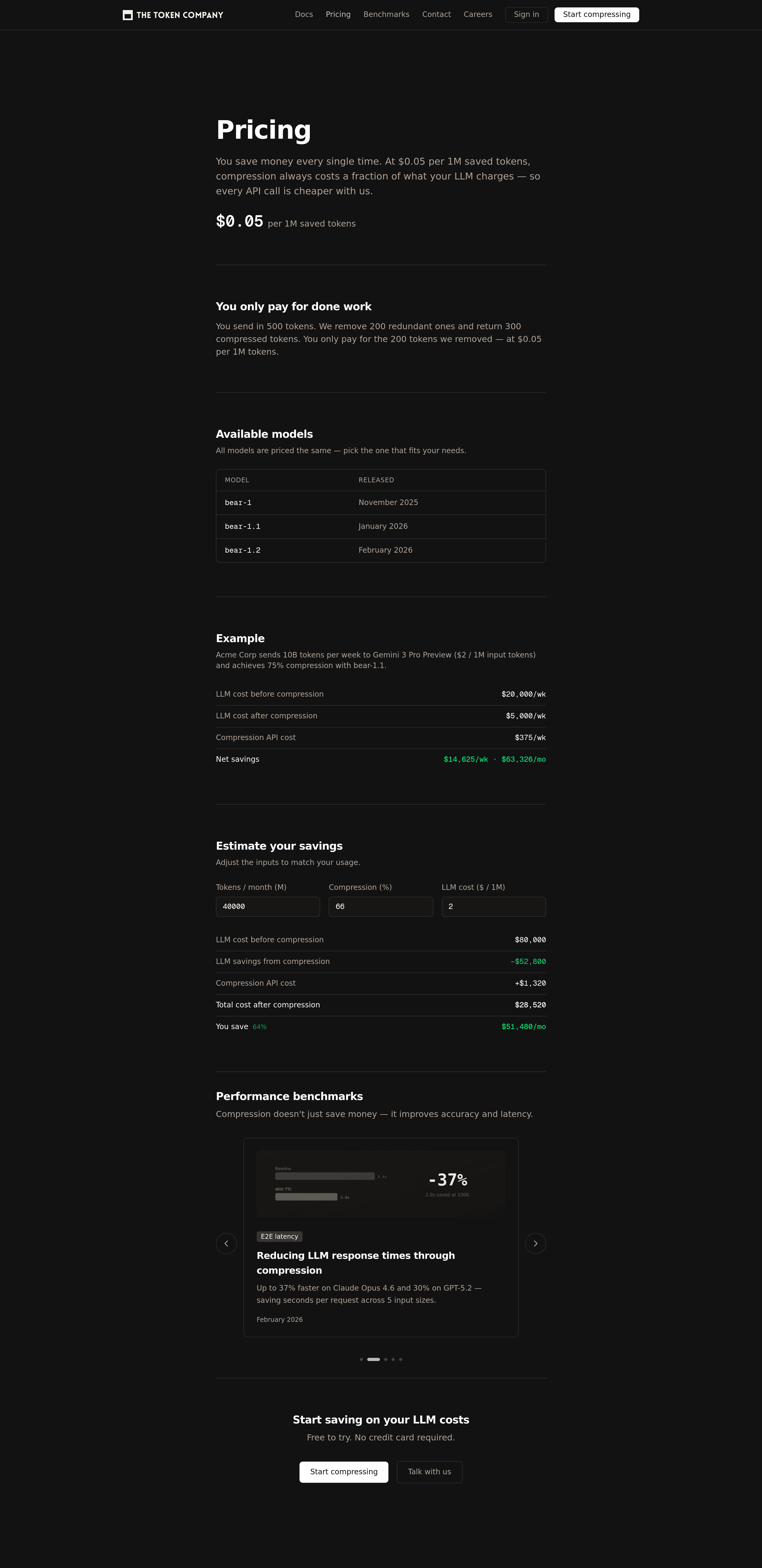 The Token Company pricing page screenshot