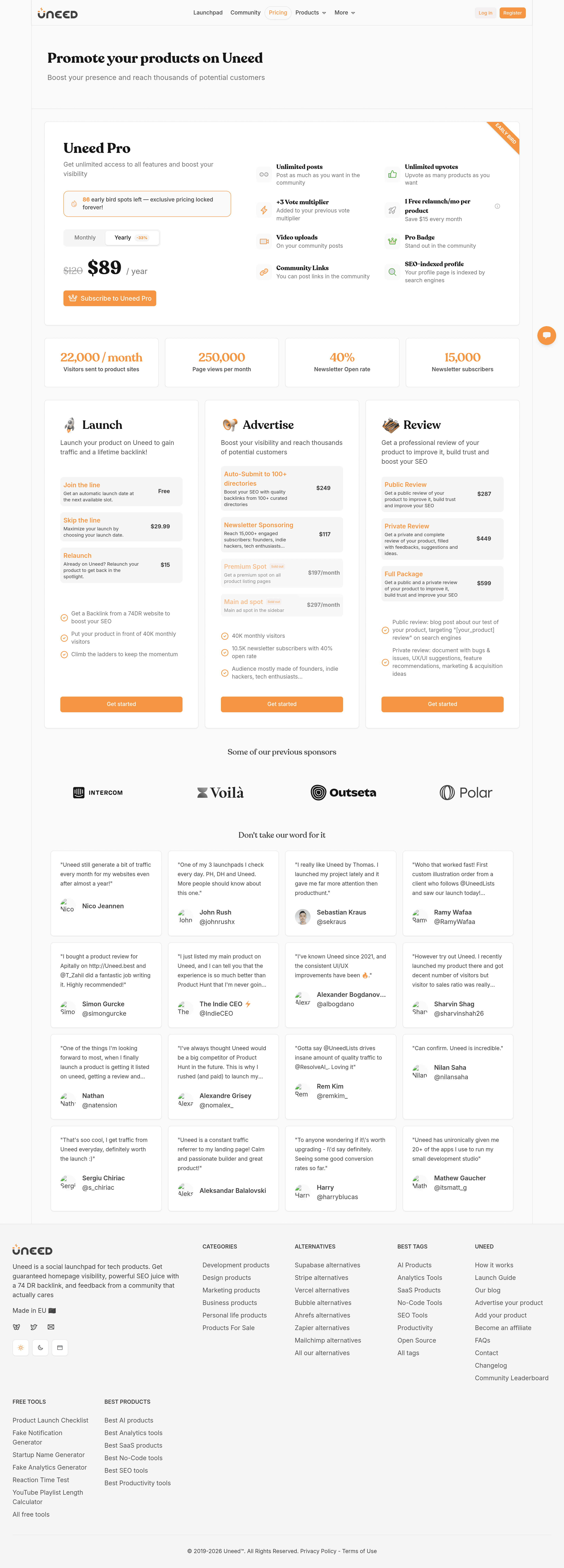 Uneed Community pricing page screenshot