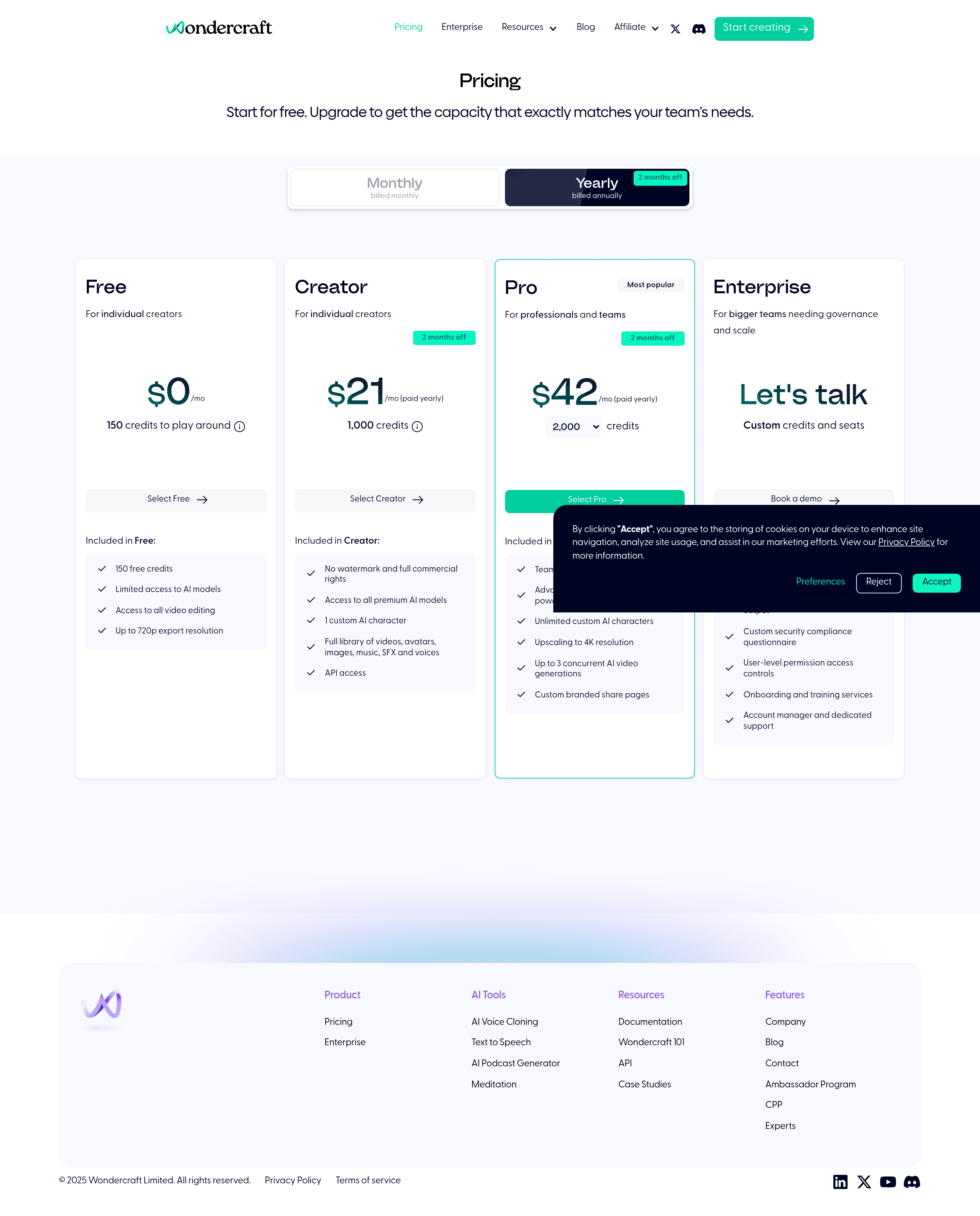 Wondercraft pricing page screenshot
