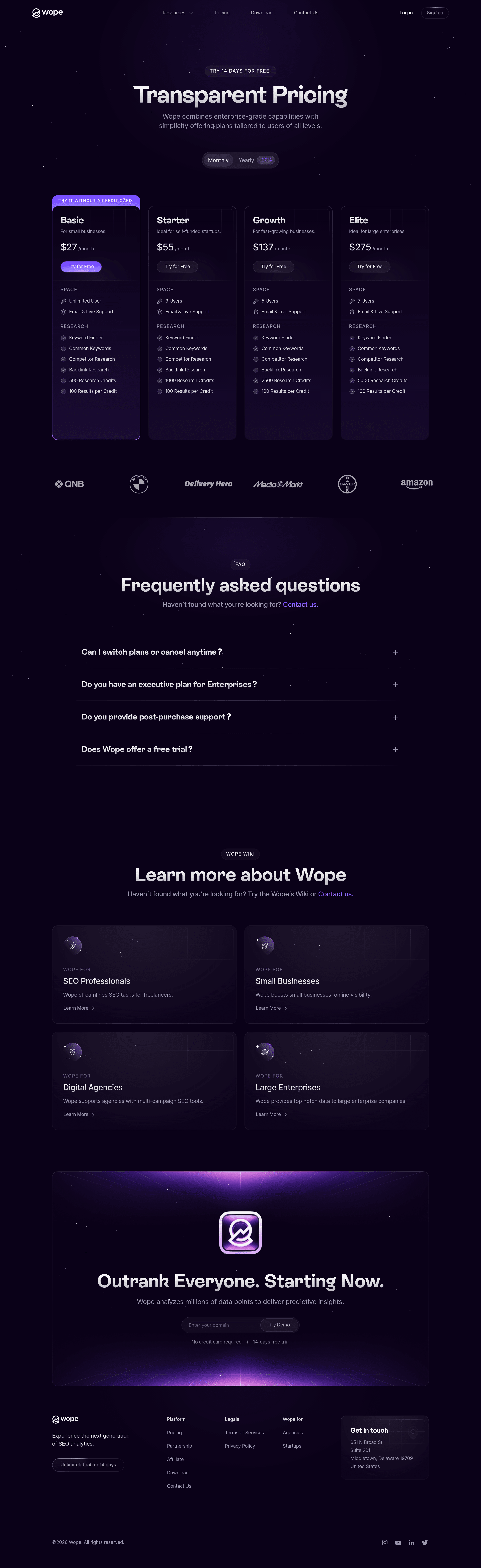 Wope pricing page screenshot