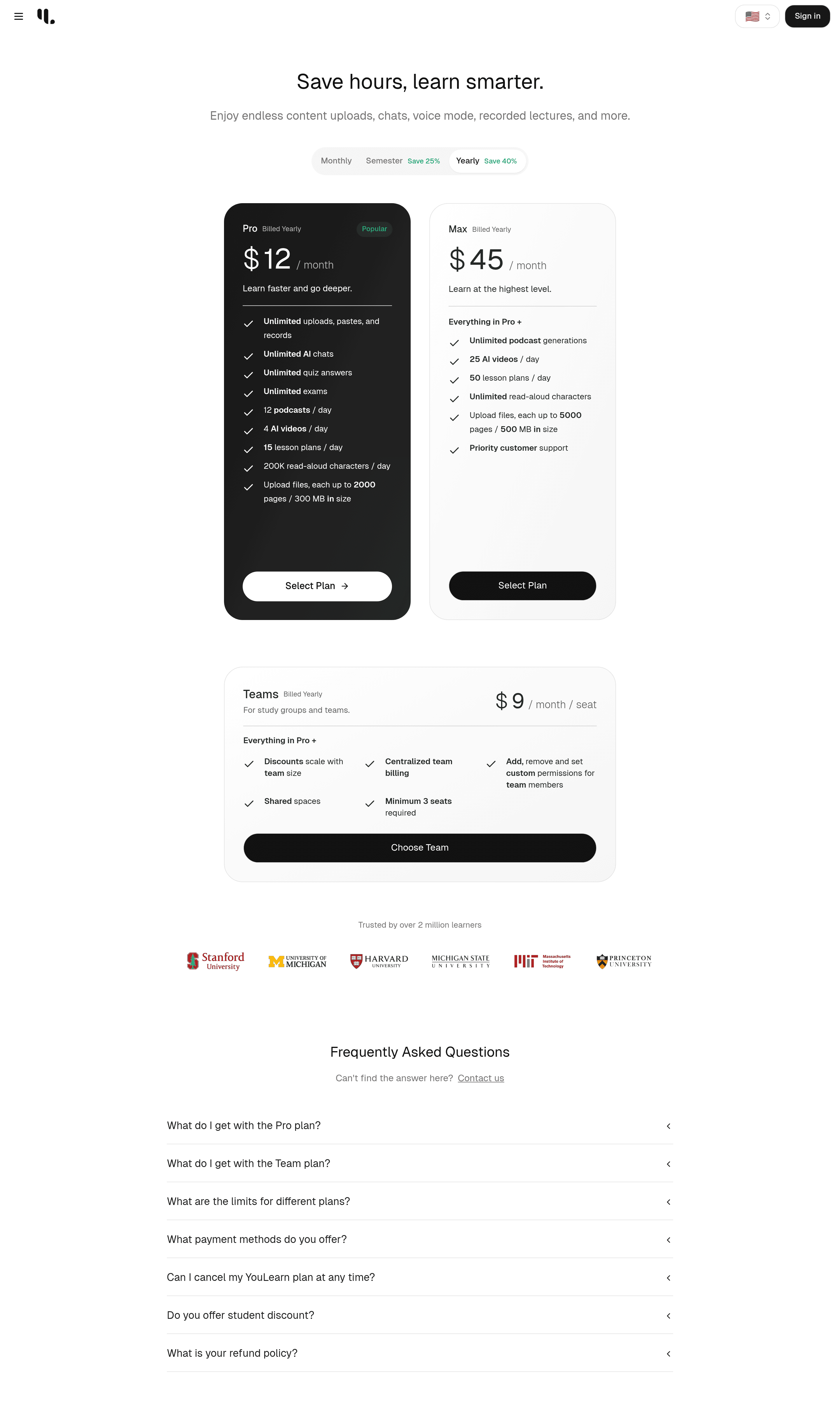 YouLearn pricing page screenshot