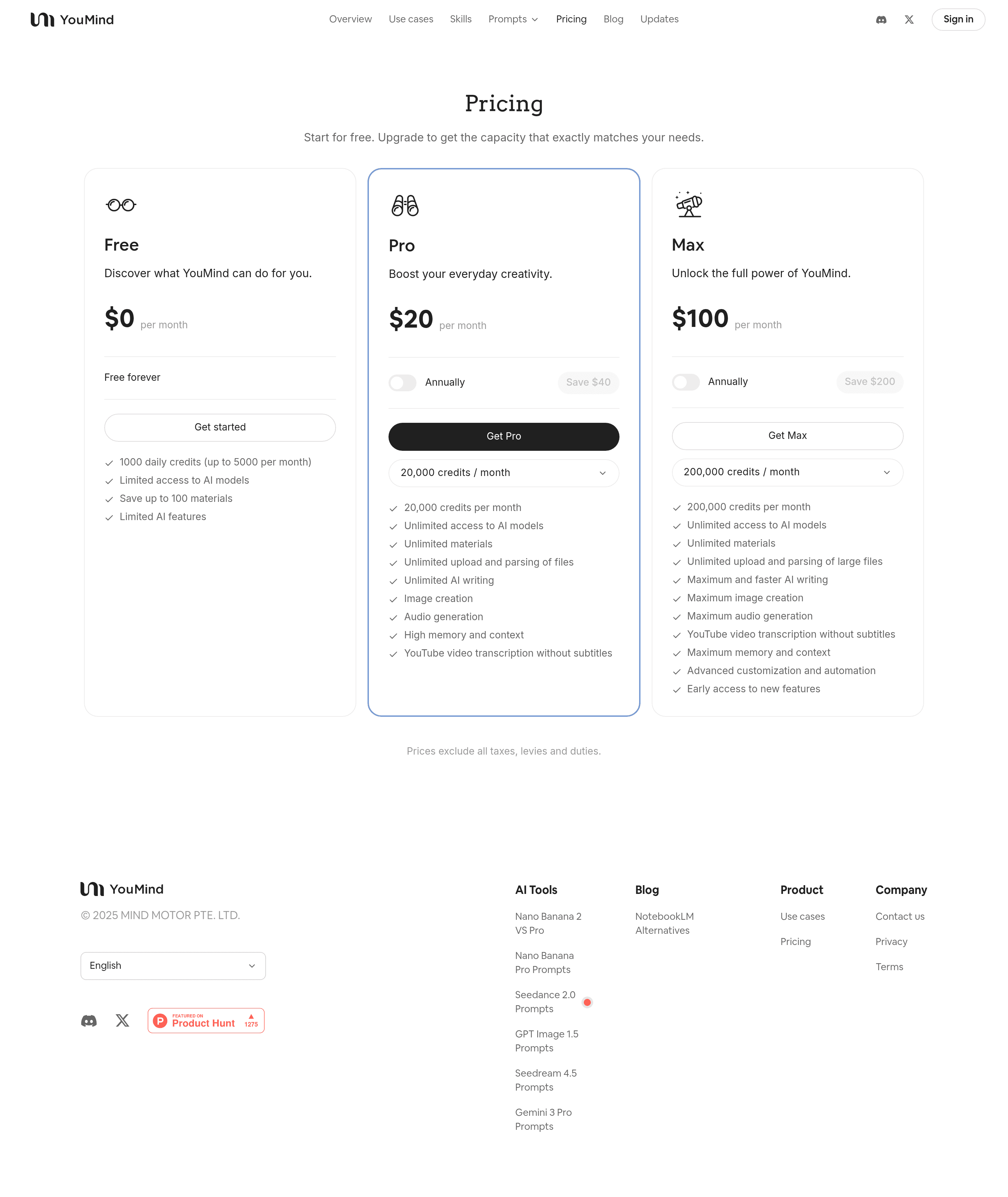 YouMind pricing page screenshot