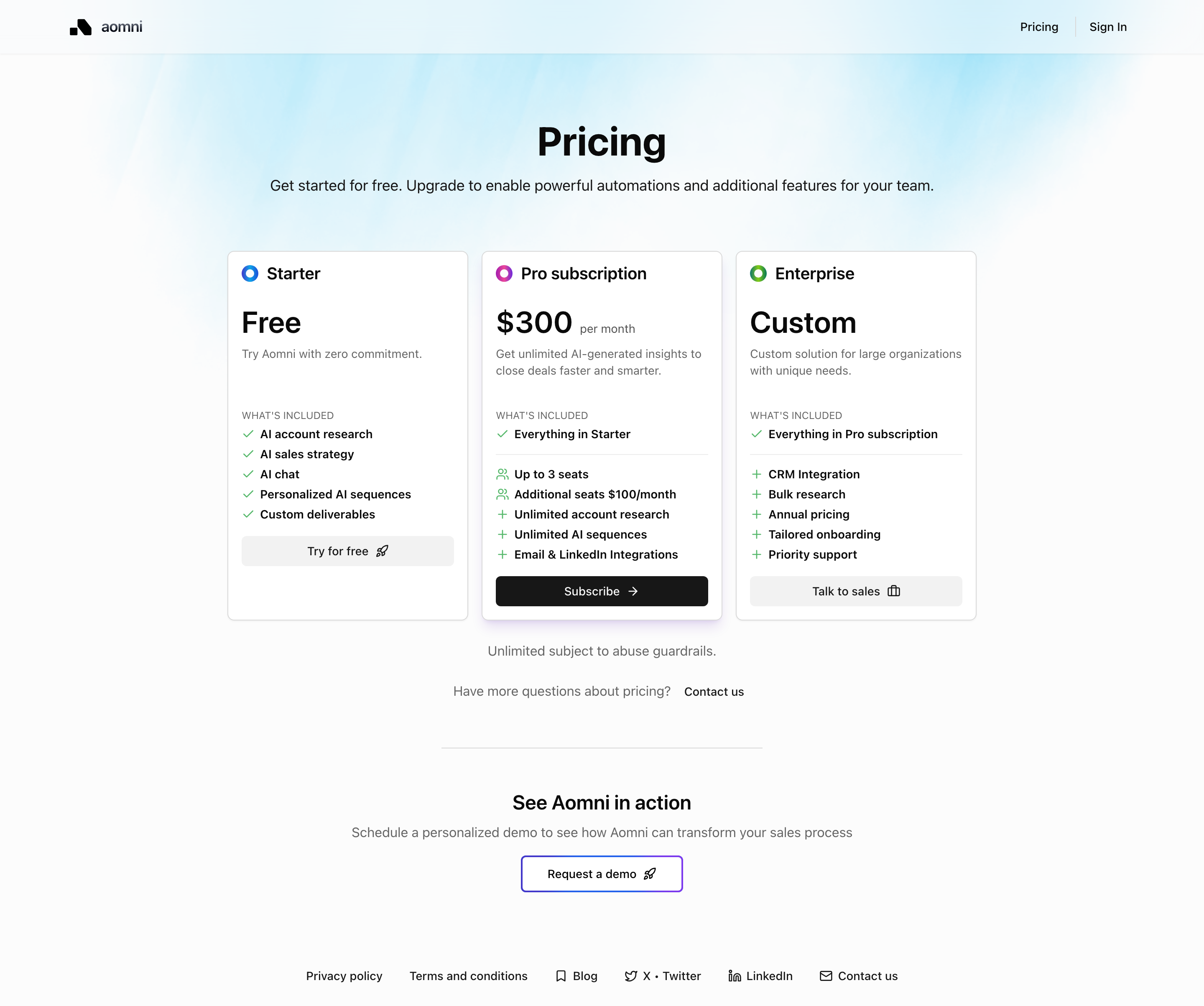 Aomni pricing page screenshot