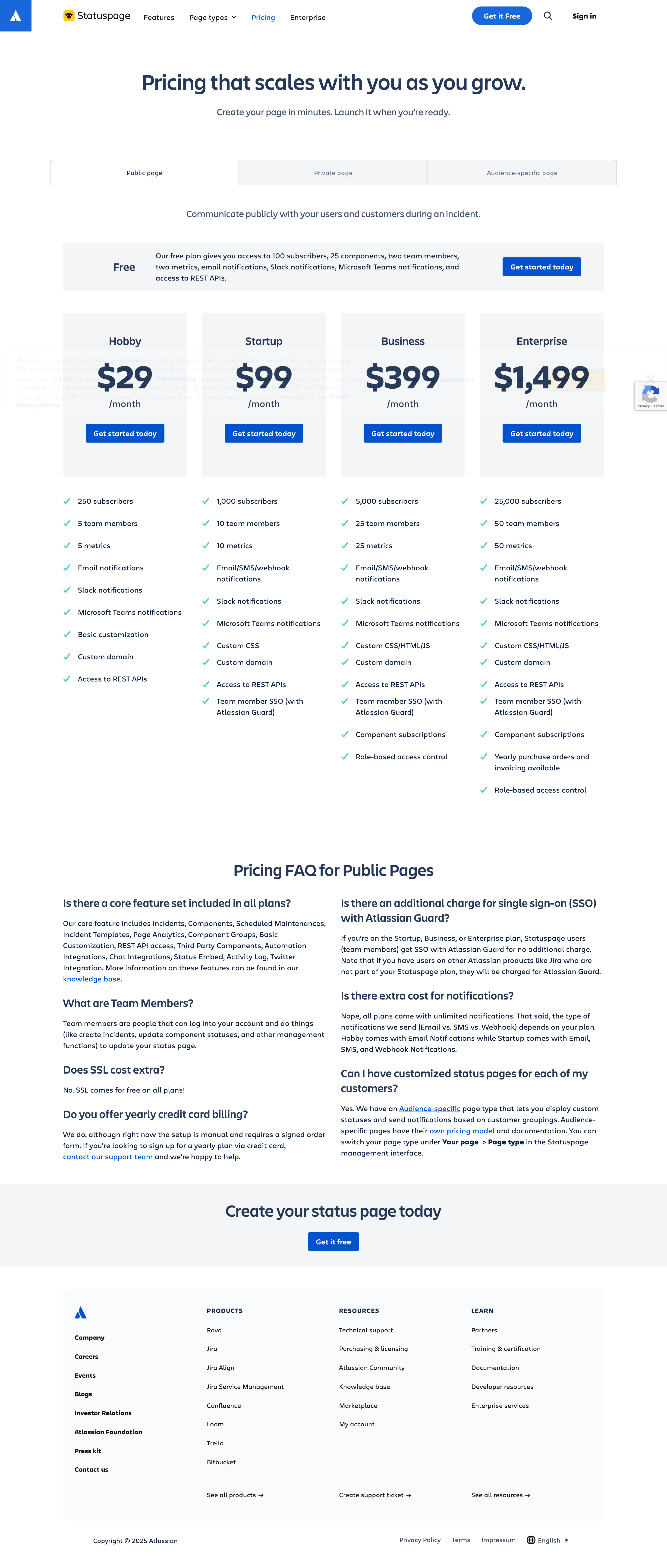 Atlassian Statuspage pricing page screenshot