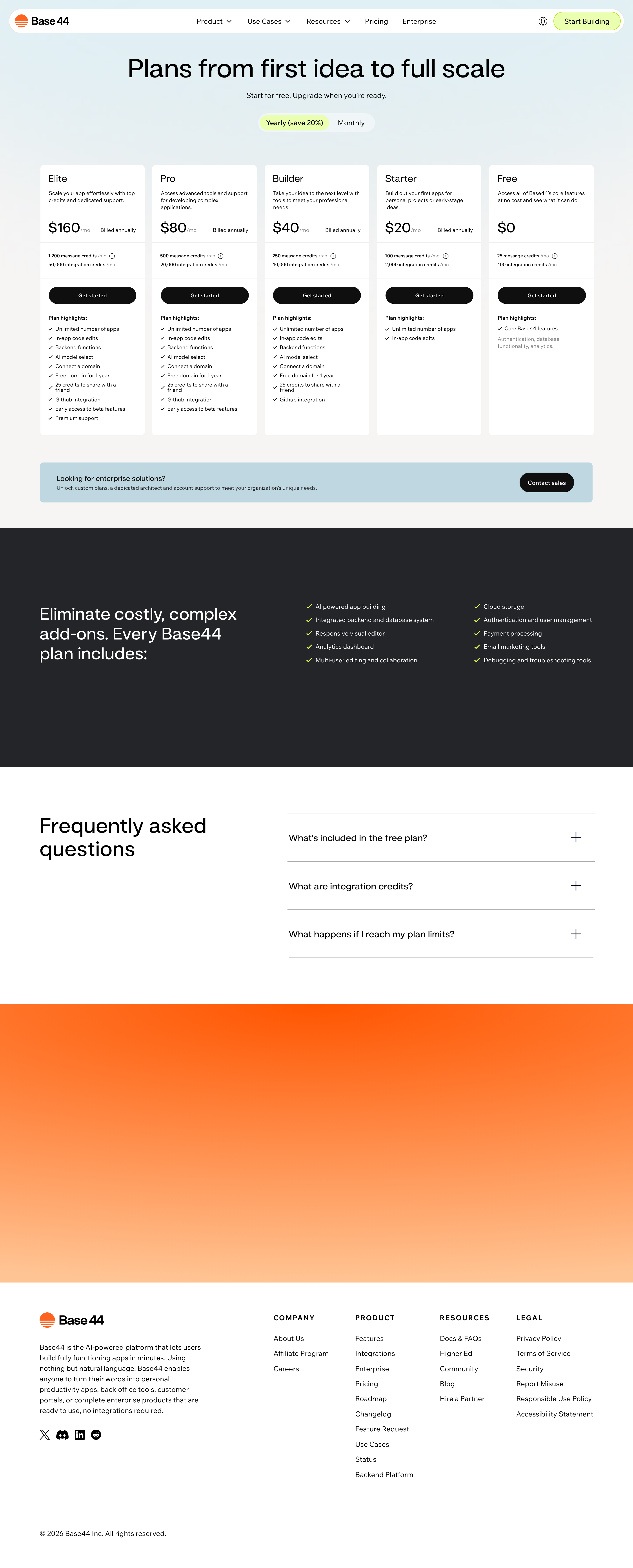 Base44 pricing page screenshot