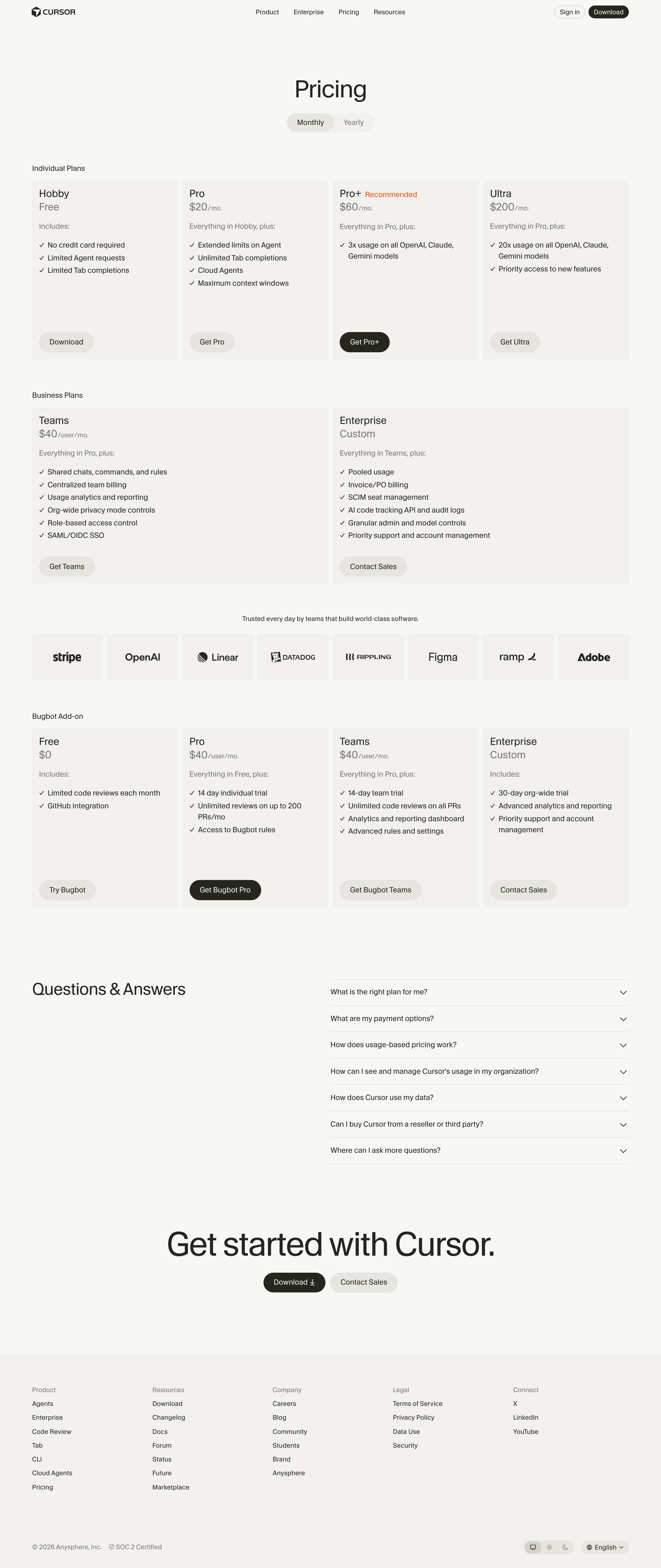 Cursor pricing page screenshot