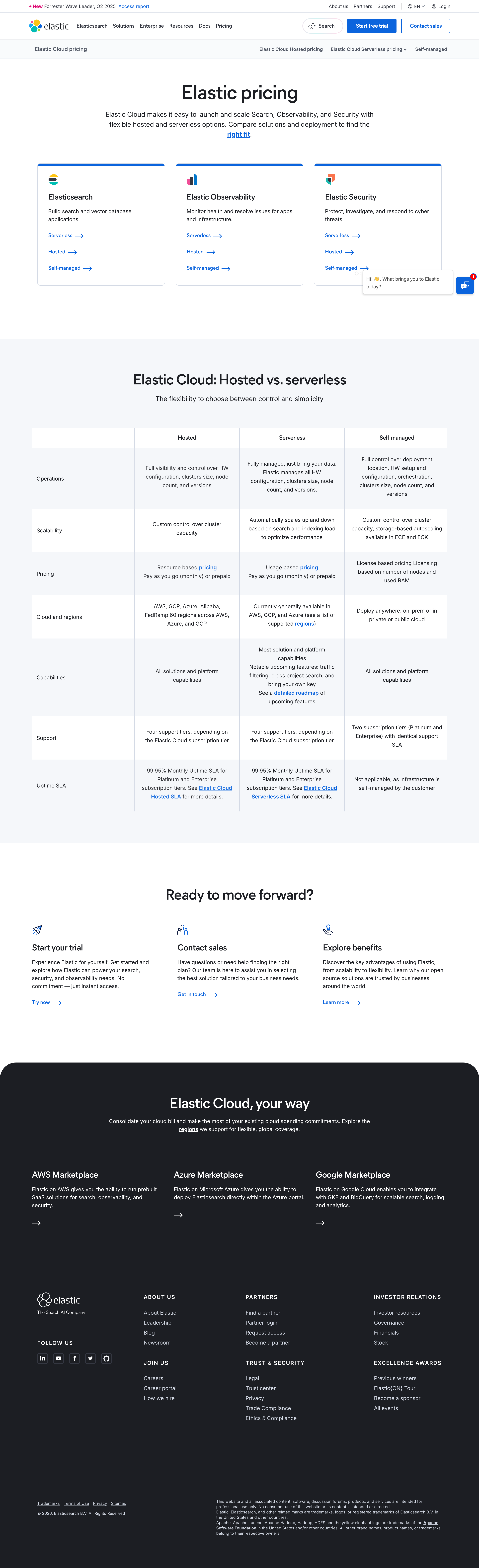 Elastic pricing page screenshot