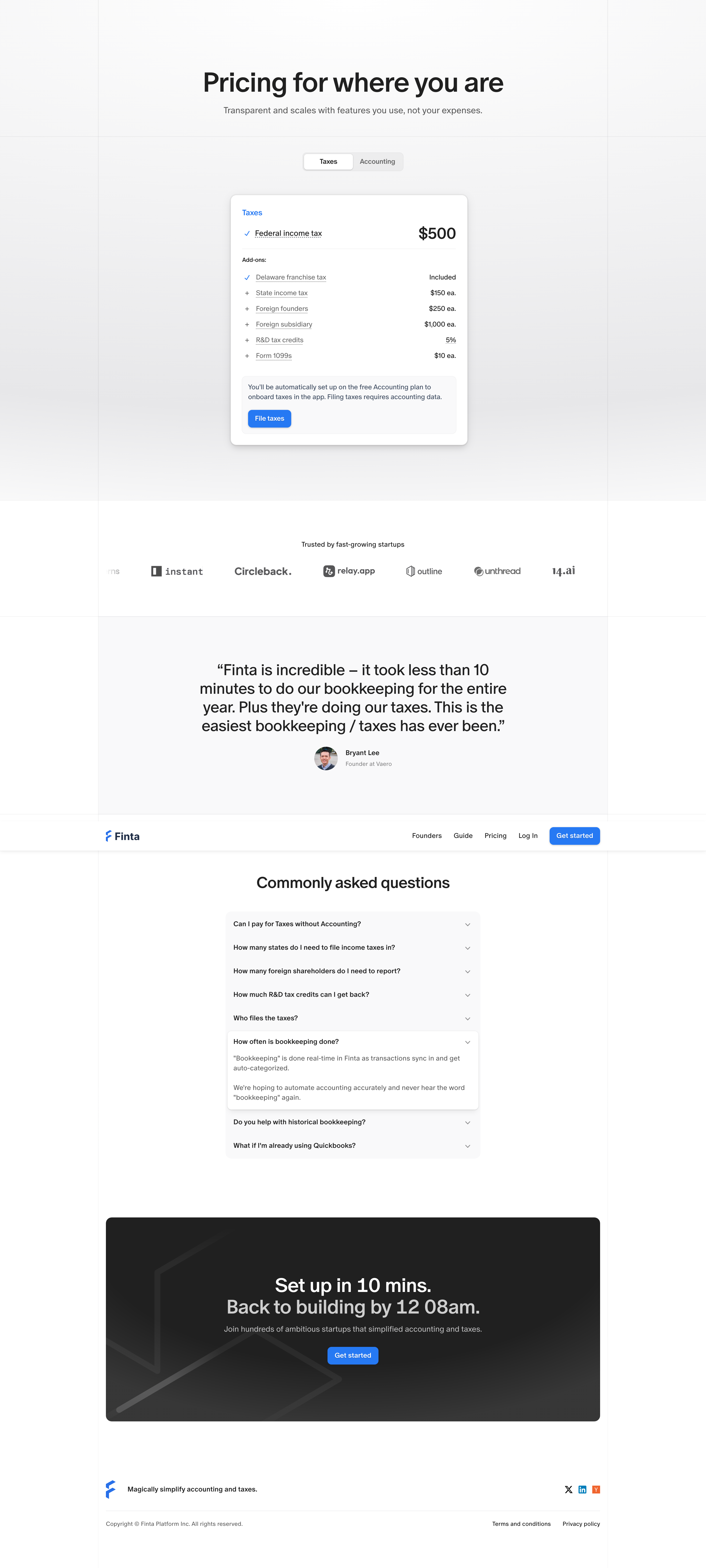 Finta pricing page screenshot