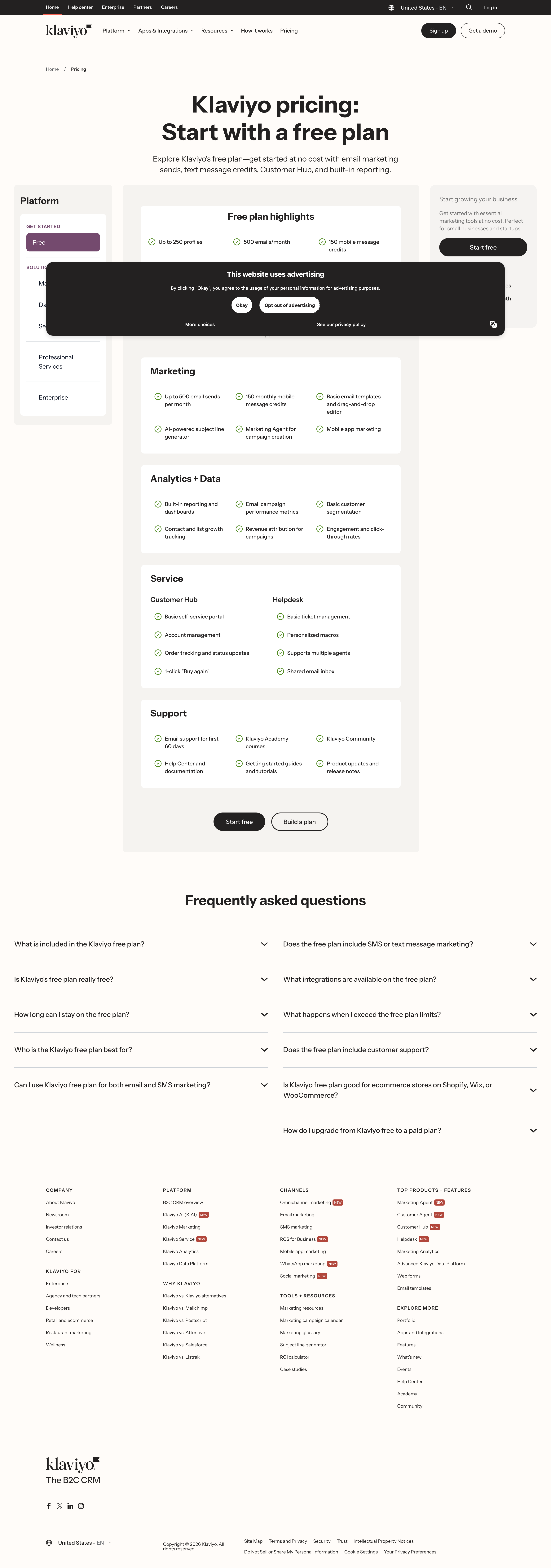 Klaviyo pricing page screenshot