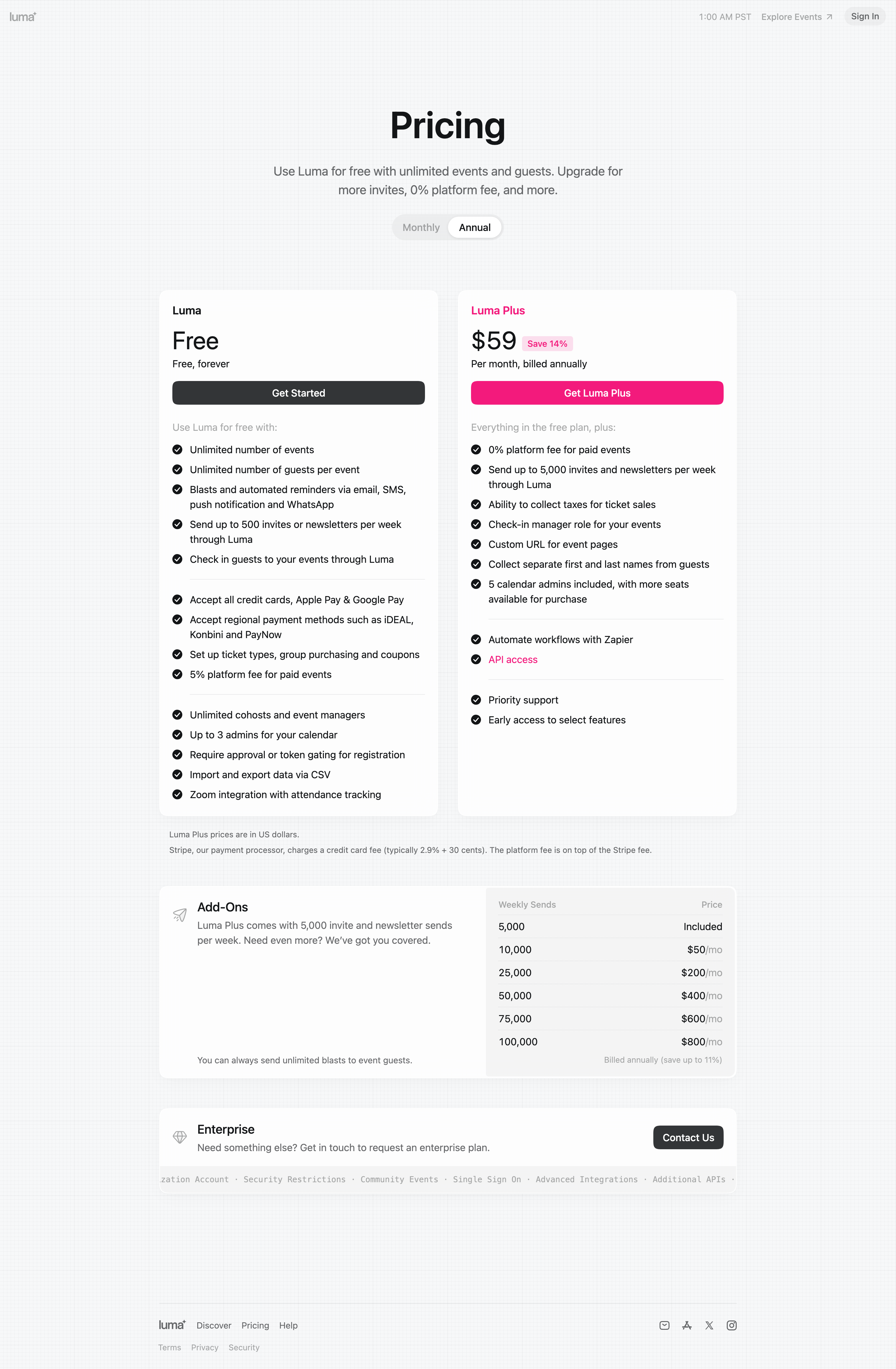 Luma pricing page screenshot