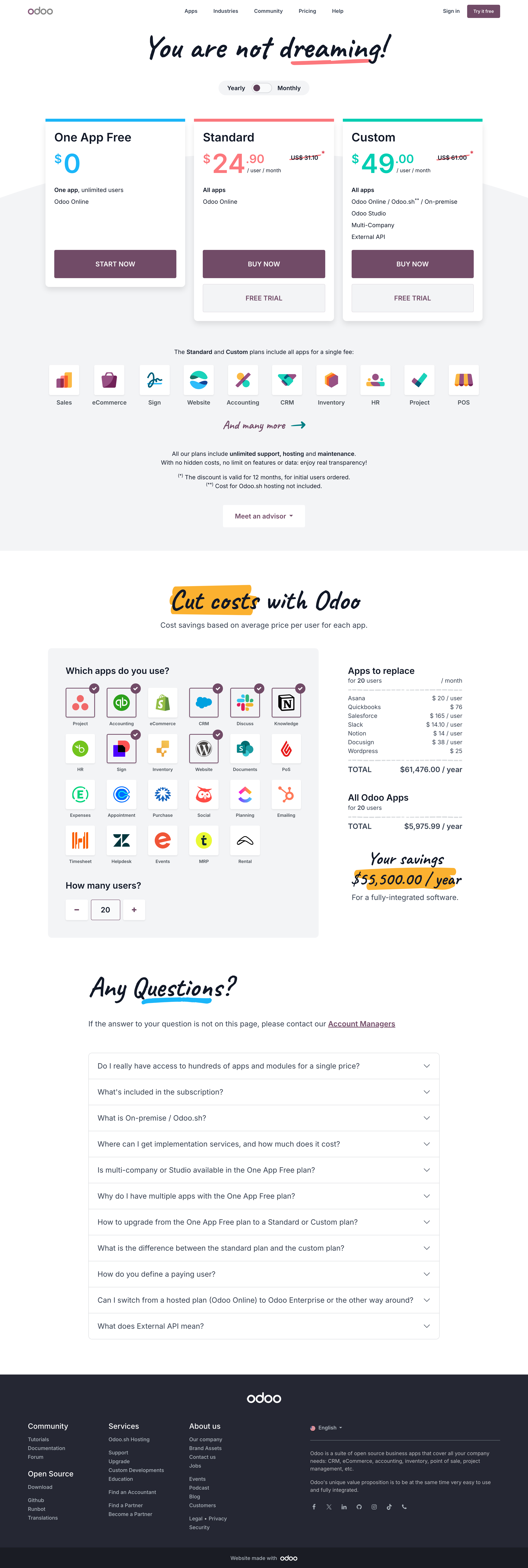 Odoo pricing page screenshot
