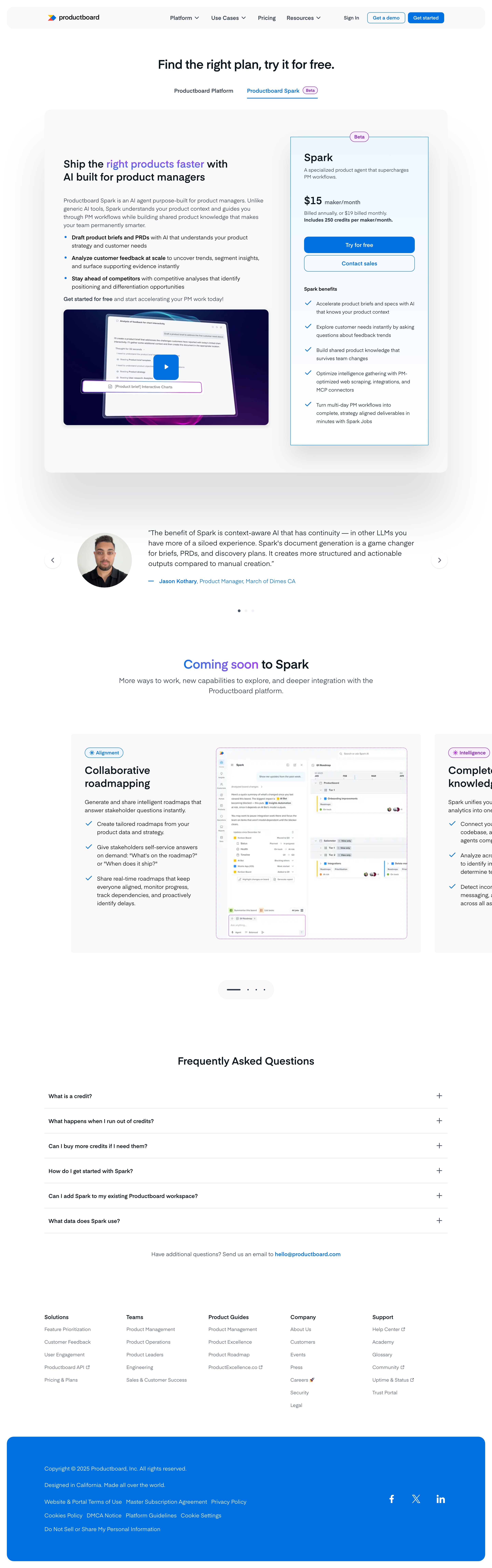 Productboard pricing page screenshot