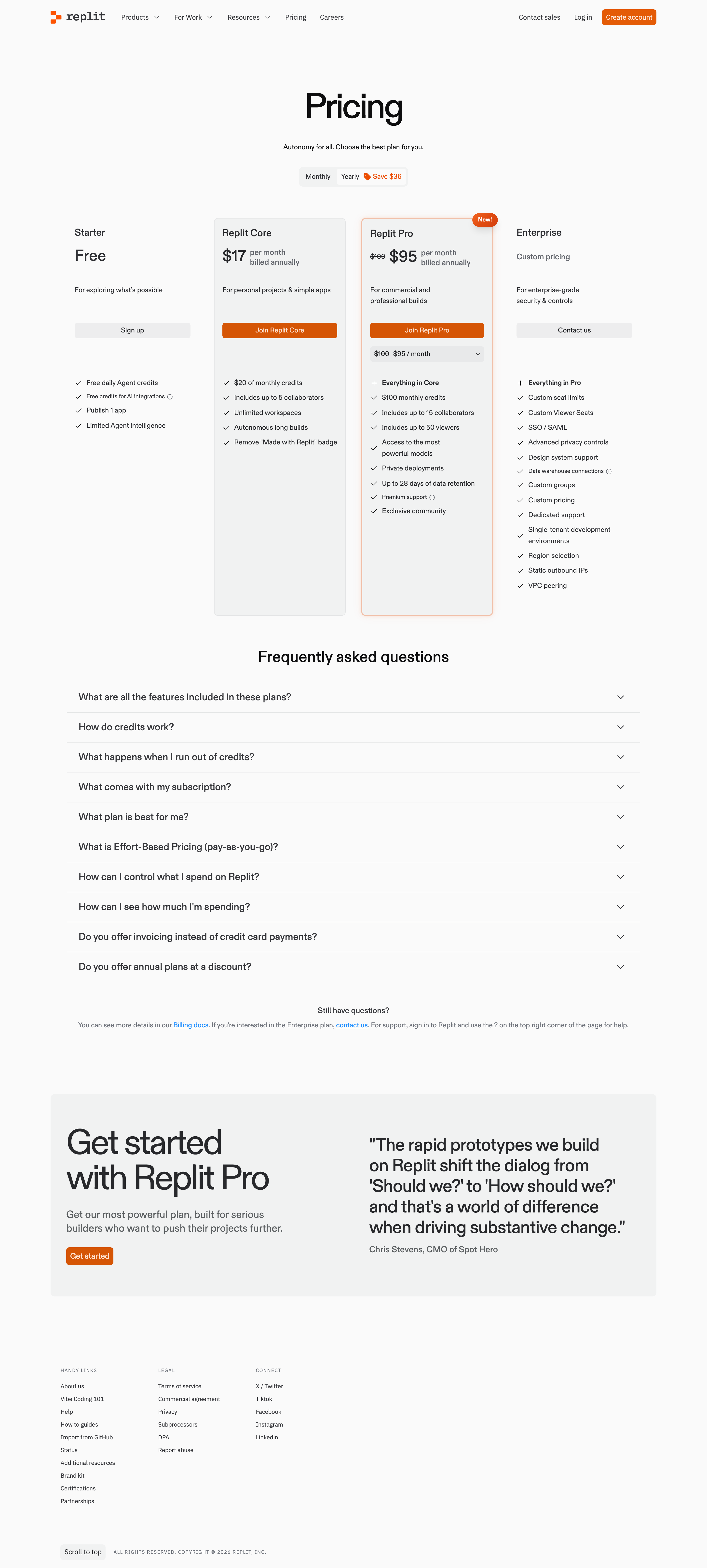 Replit pricing page screenshot
