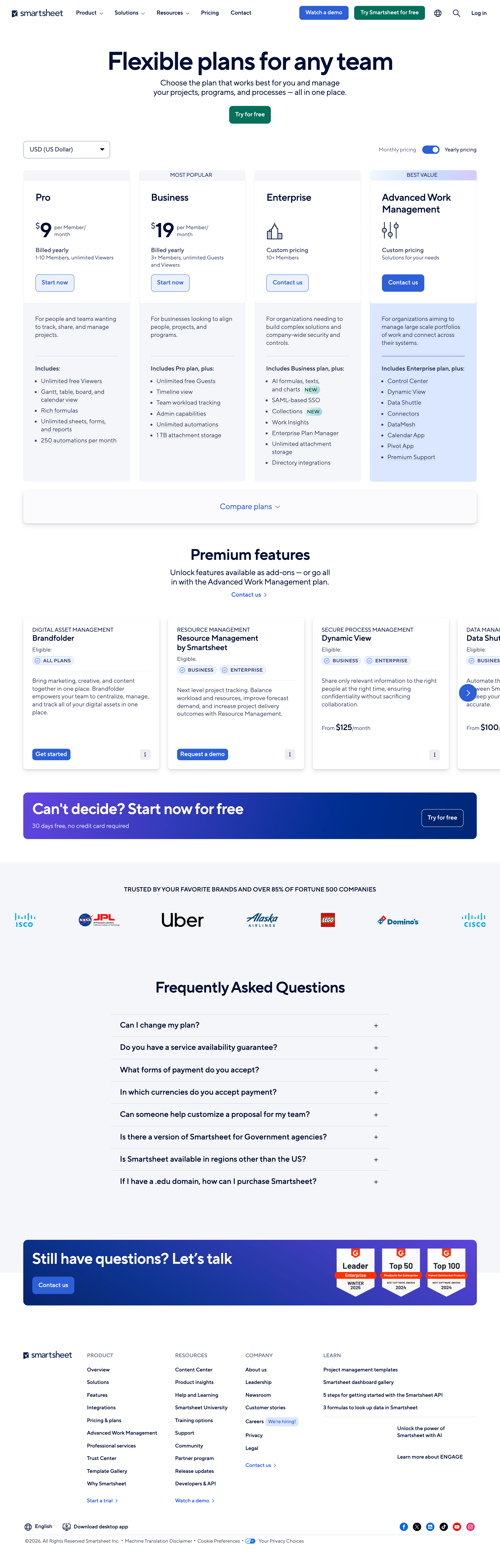 Smartsheet pricing page screenshot