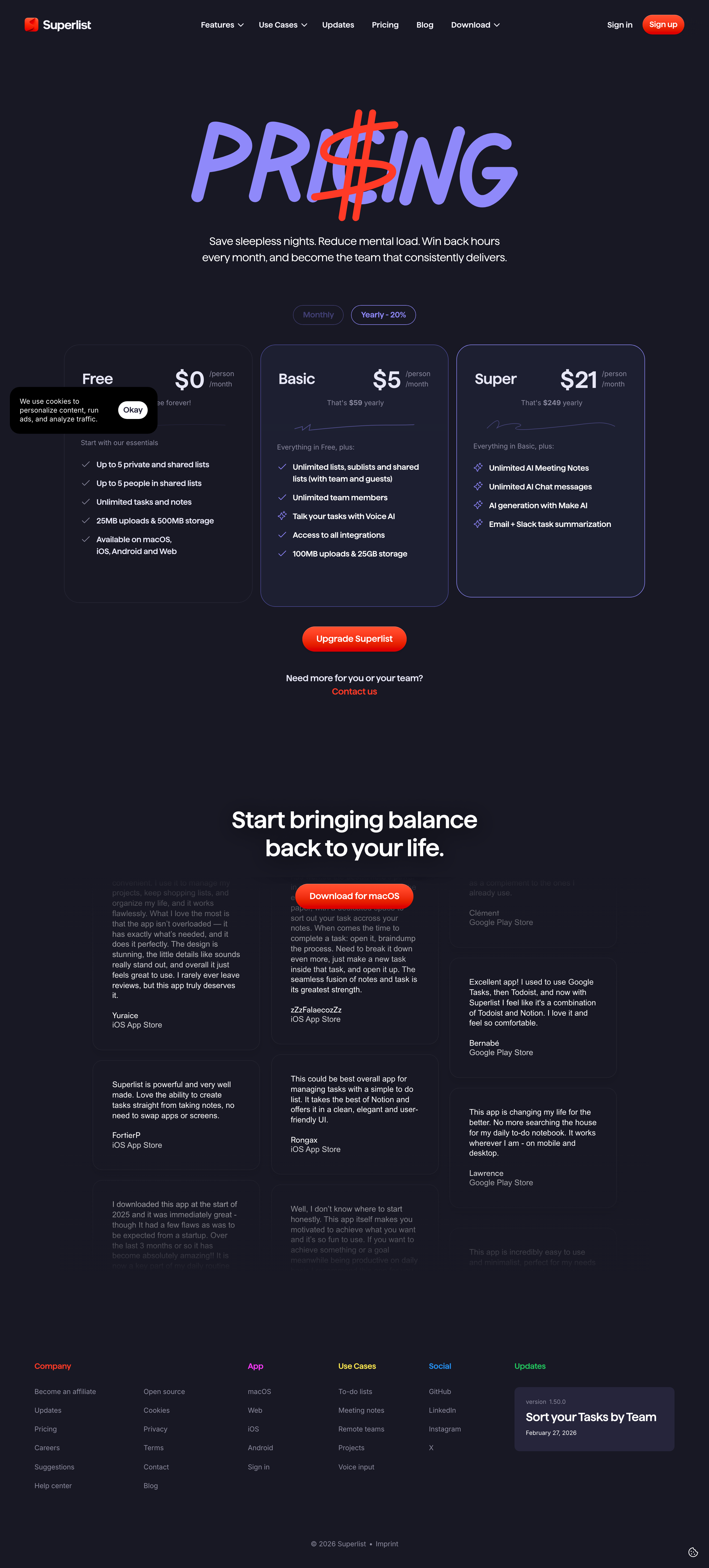 Superlist pricing page screenshot