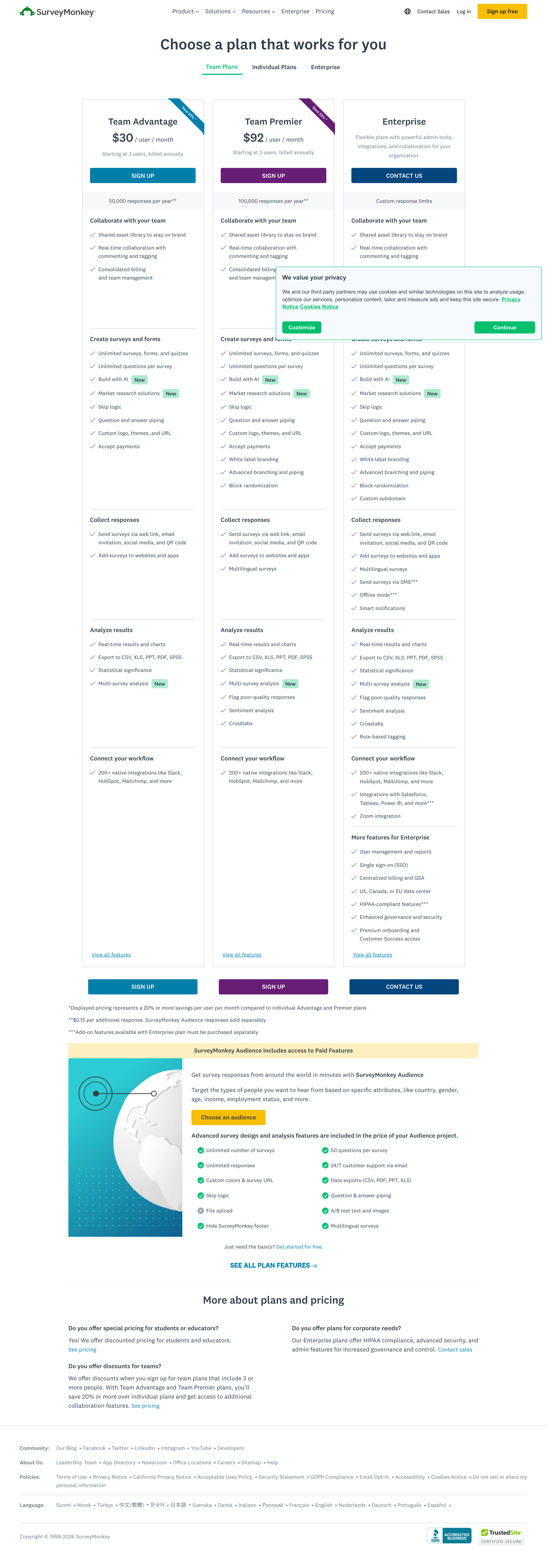 SurveyMonkey pricing page screenshot